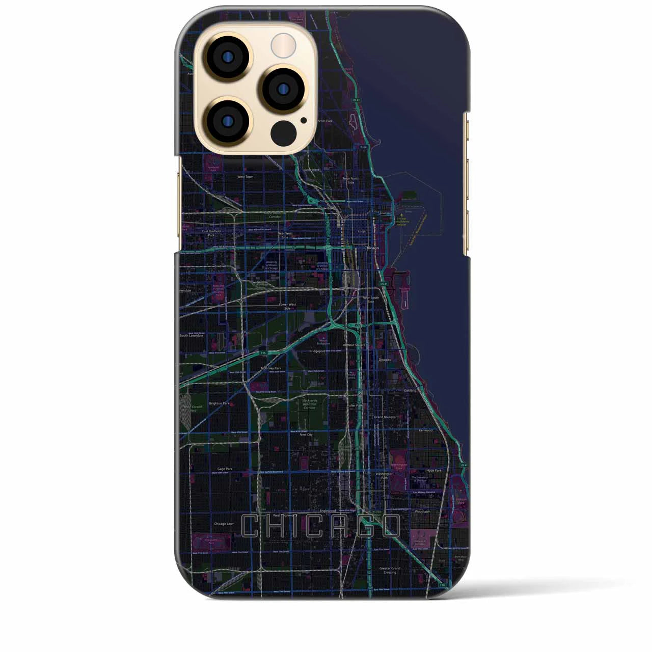 【シカゴ】地図柄iPhoneケース（バックカバータイプ・ブラック）iPhone 12 Pro Max 用