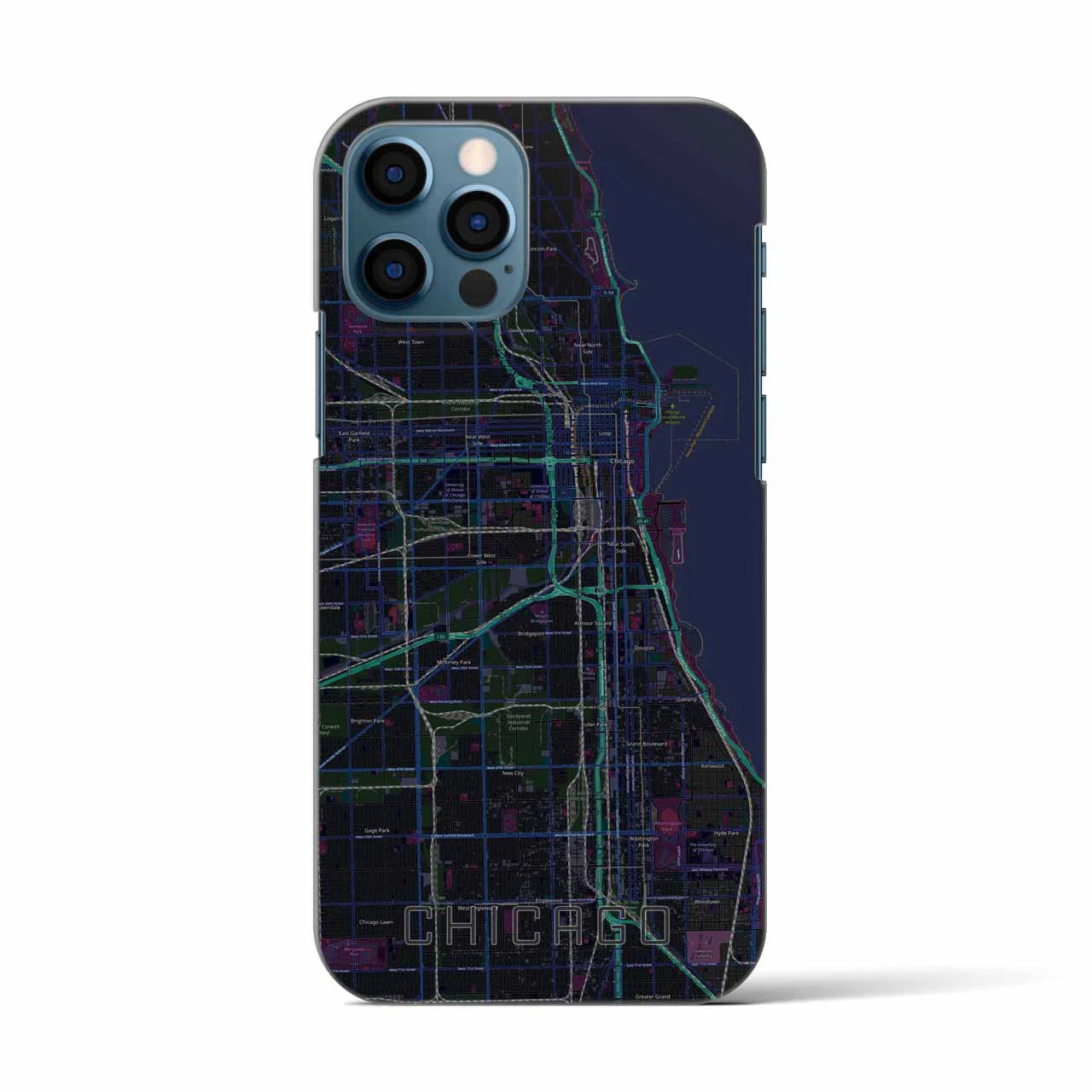 【シカゴ】地図柄iPhoneケース（バックカバータイプ・ブラック）iPhone 12 / 12 Pro 用