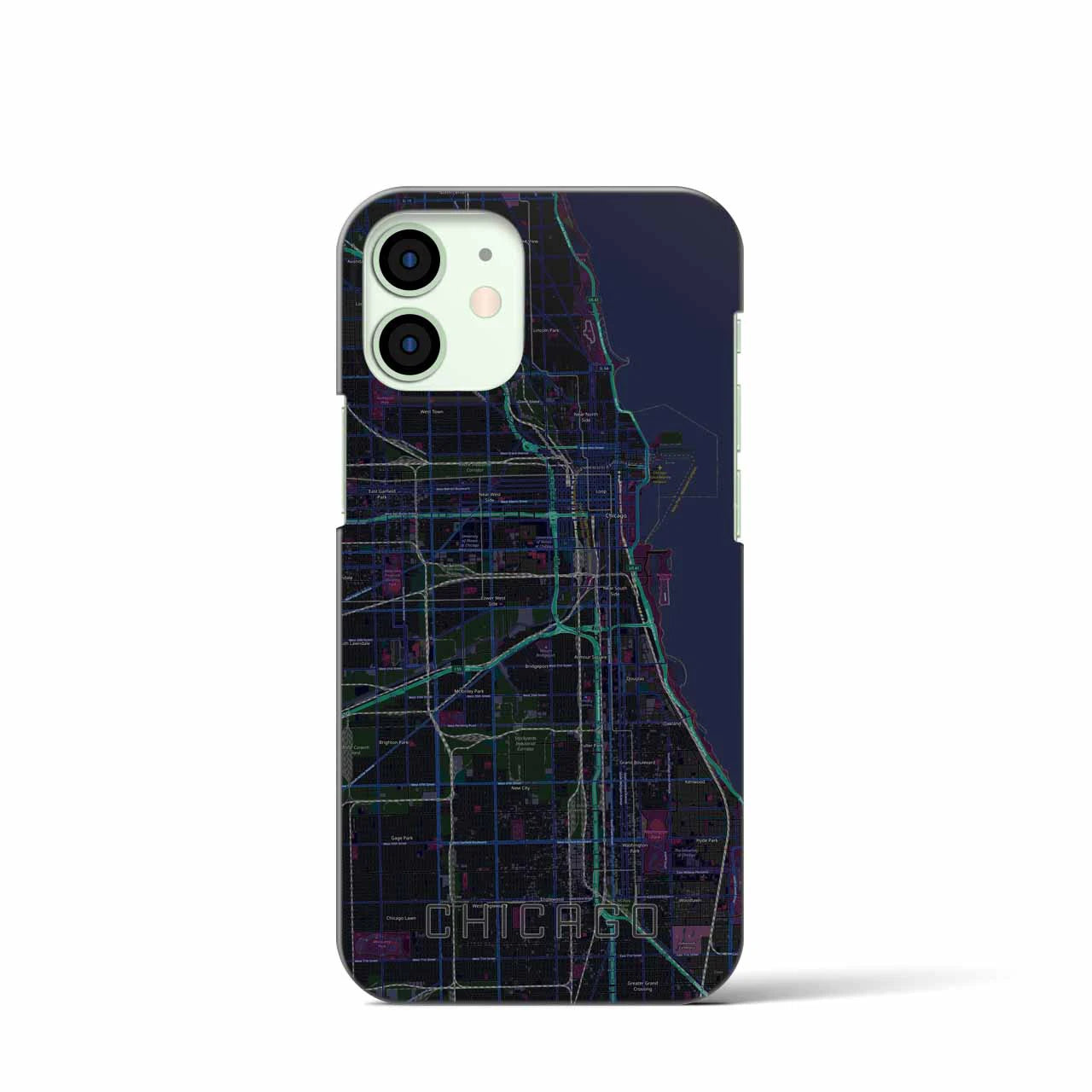 【シカゴ】地図柄iPhoneケース（バックカバータイプ・ブラック）iPhone 12 mini 用