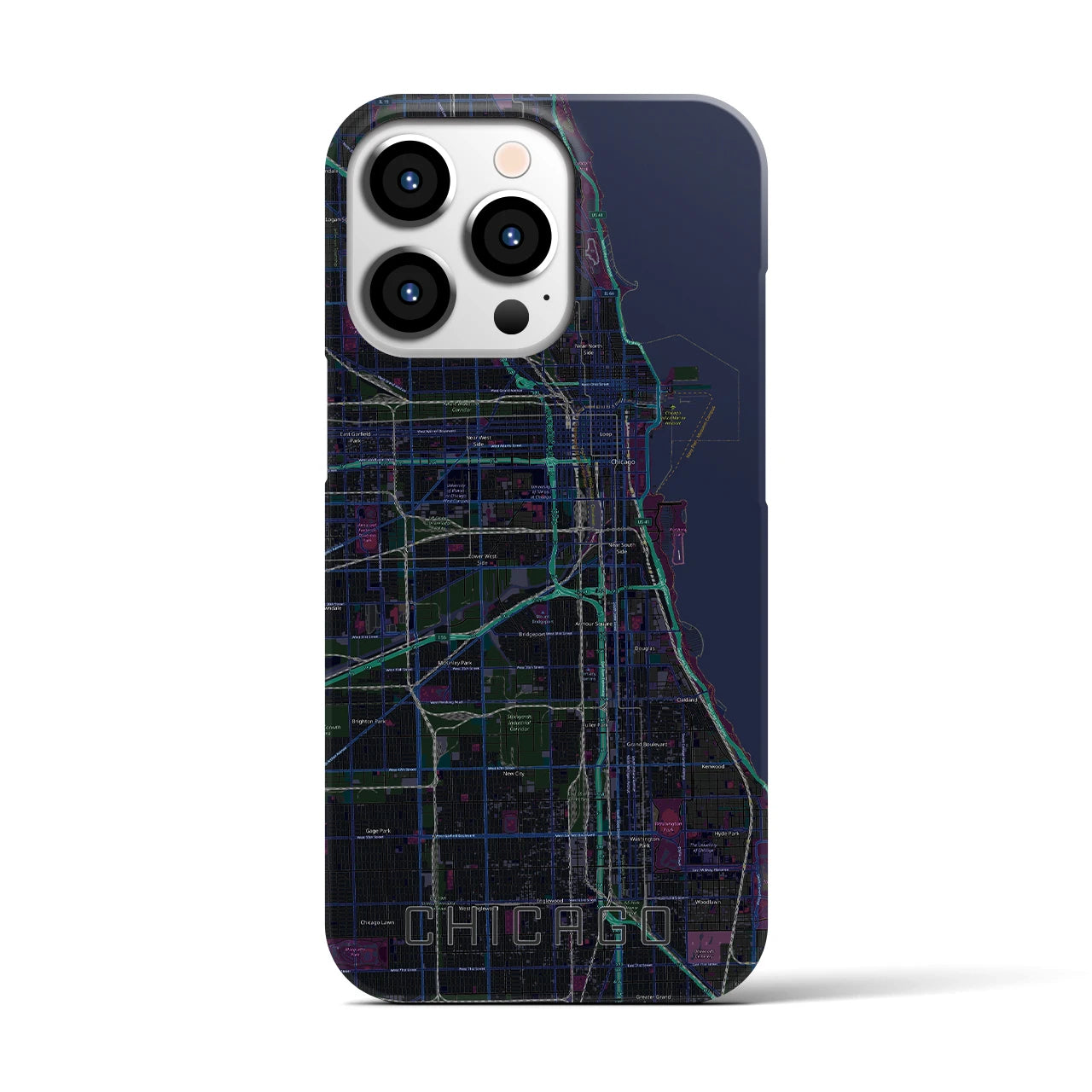 【シカゴ】地図柄iPhoneケース（バックカバータイプ・ブラック）iPhone 13 Pro 用