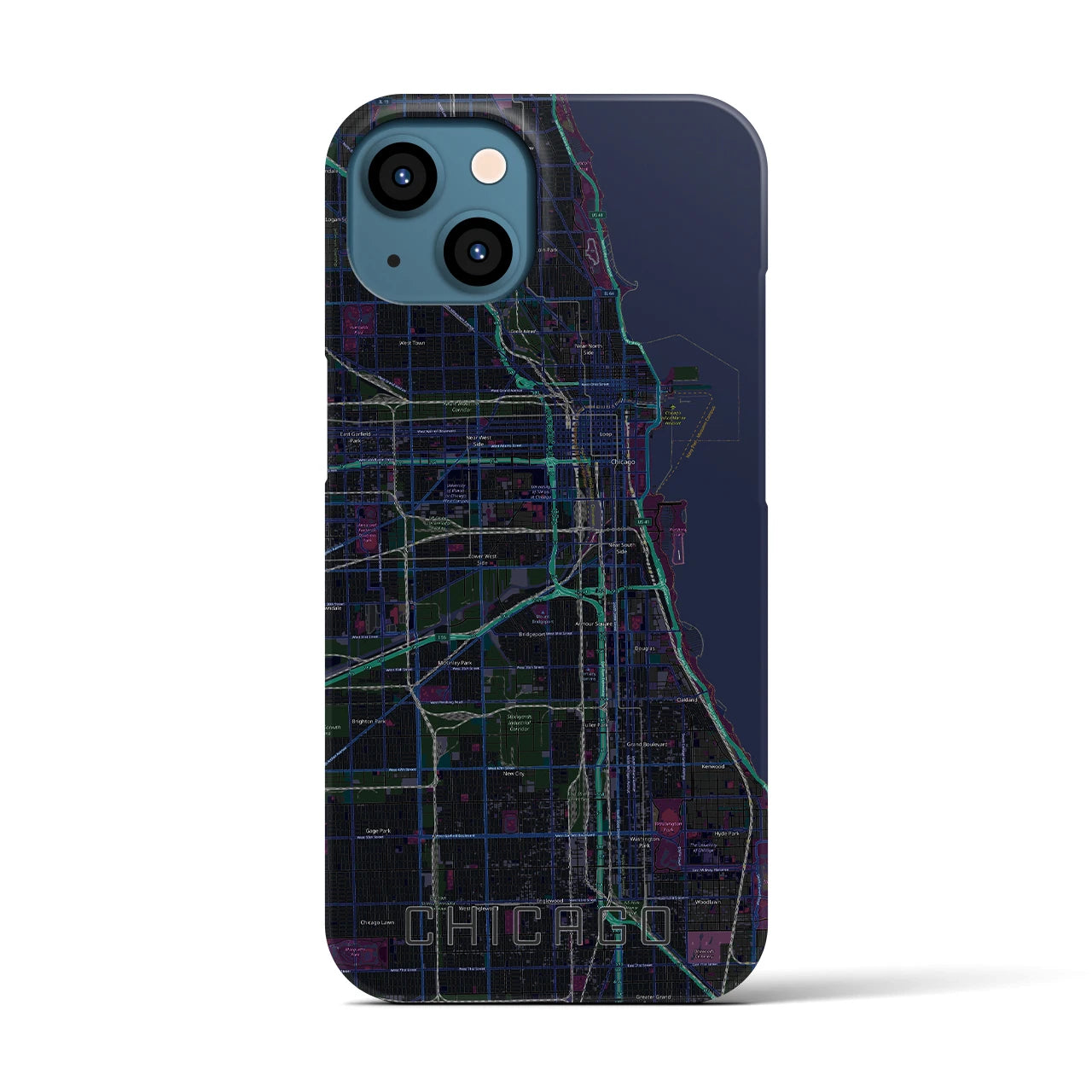 【シカゴ】地図柄iPhoneケース（バックカバータイプ・ブラック）iPhone 13 用