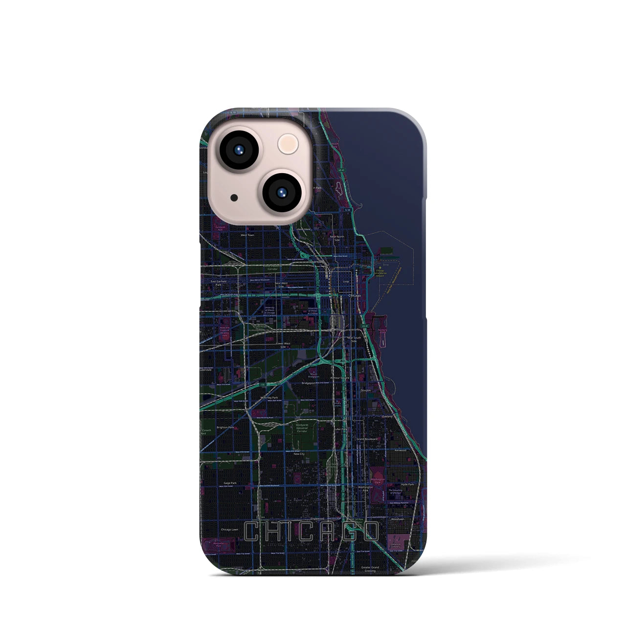 【シカゴ】地図柄iPhoneケース（バックカバータイプ・ブラック）iPhone 13 mini 用