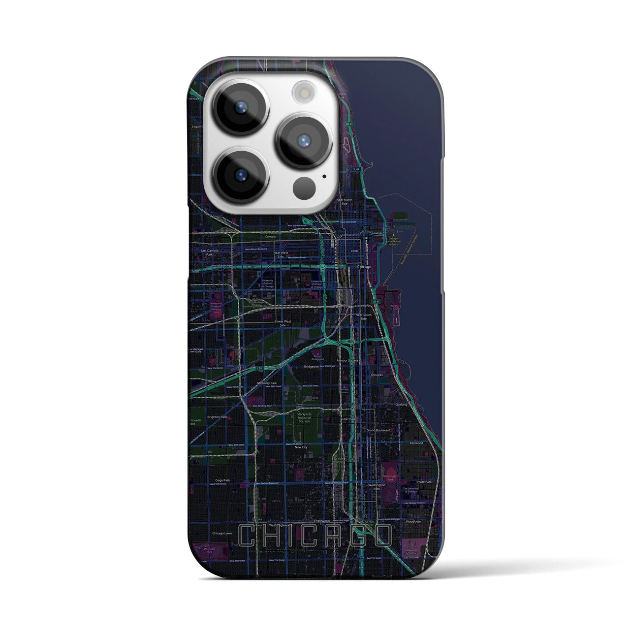 【シカゴ】地図柄iPhoneケース（バックカバータイプ・ブラック）iPhone 14 Pro 用