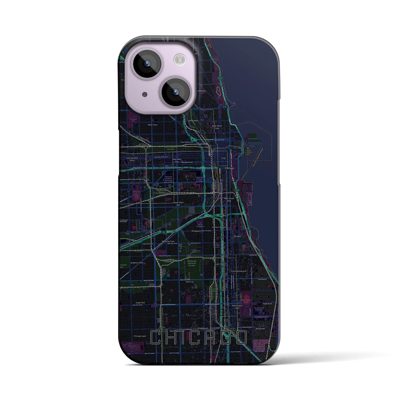 【シカゴ】地図柄iPhoneケース（バックカバータイプ・ブラック）iPhone 14 用