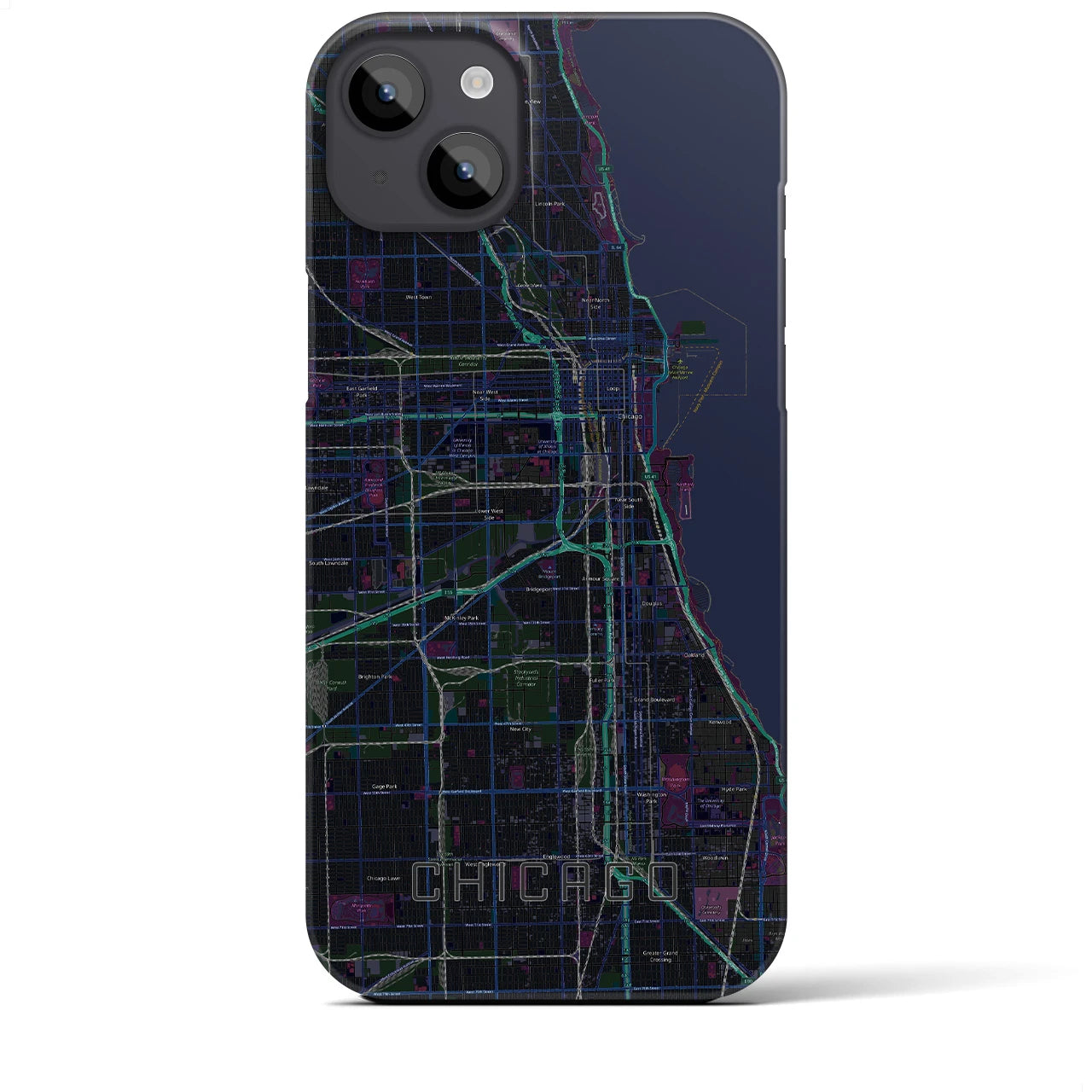 【シカゴ】地図柄iPhoneケース（バックカバータイプ・ブラック）iPhone 14 Plus 用