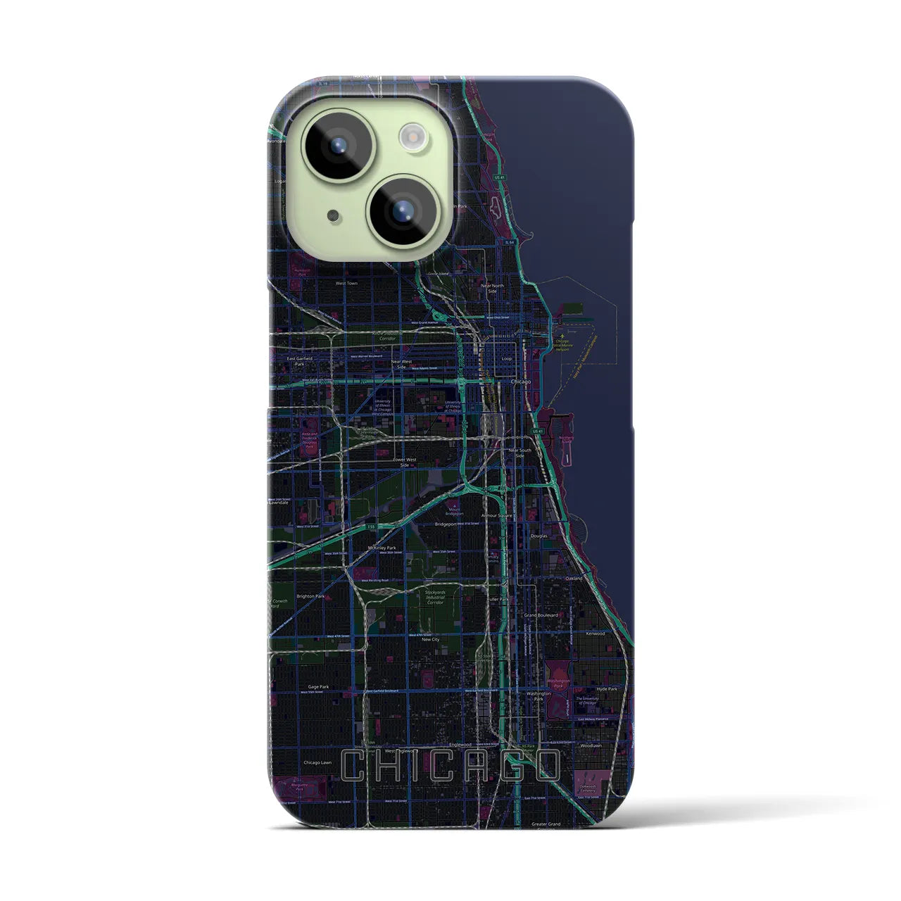 【シカゴ】地図柄iPhoneケース（バックカバータイプ・ブラック）iPhone 15 用