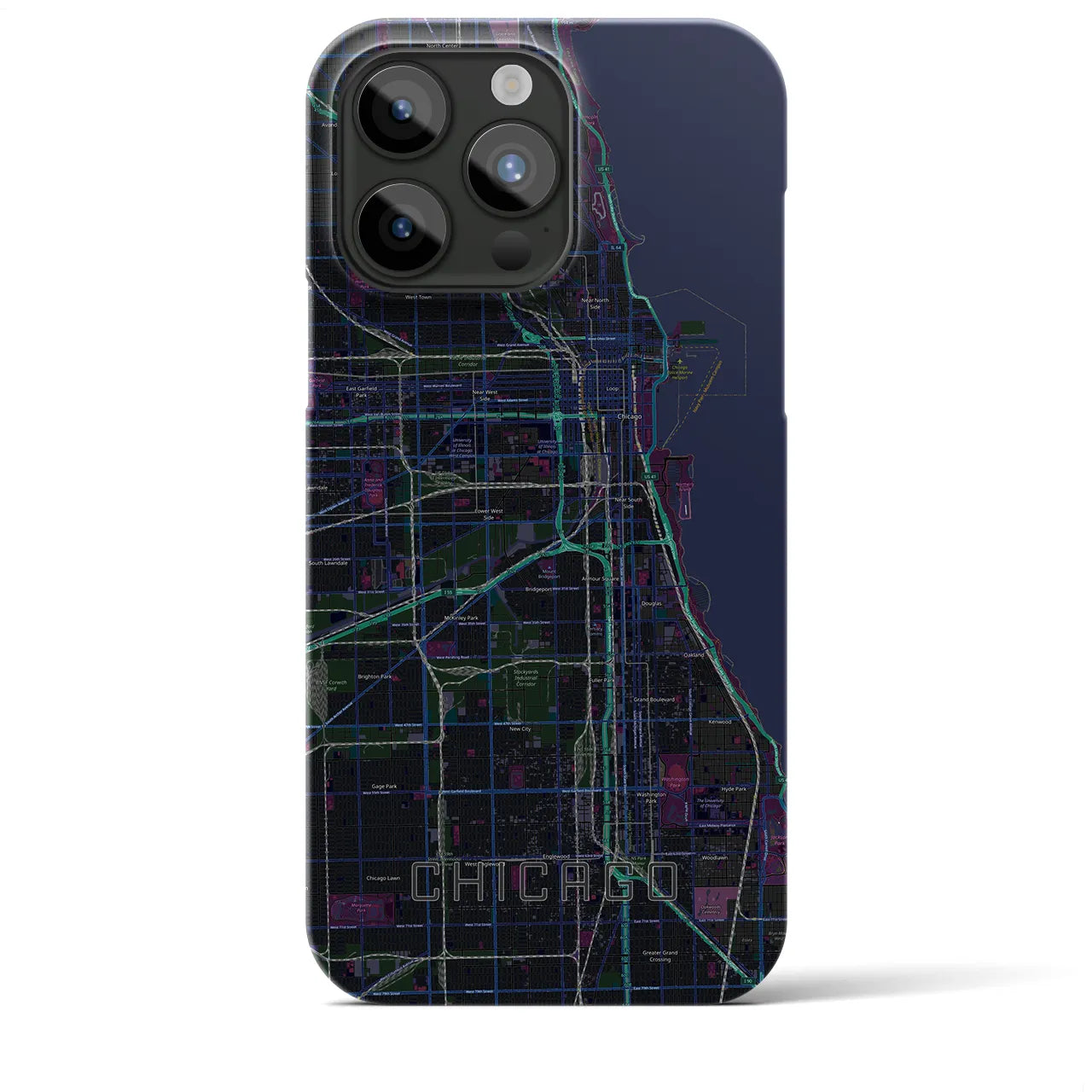 【シカゴ】地図柄iPhoneケース（バックカバータイプ・ブラック）iPhone 15 Pro Max 用