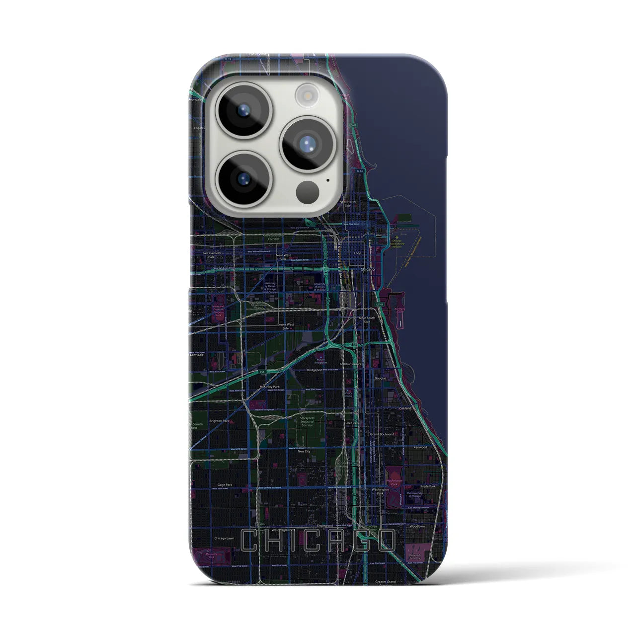 【シカゴ】地図柄iPhoneケース（バックカバータイプ・ブラック）iPhone 15 Pro 用