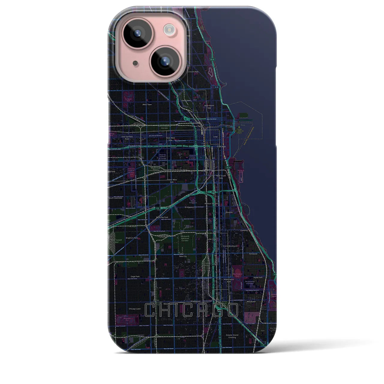 【シカゴ】地図柄iPhoneケース（バックカバータイプ・ブラック）iPhone 15 Plus 用