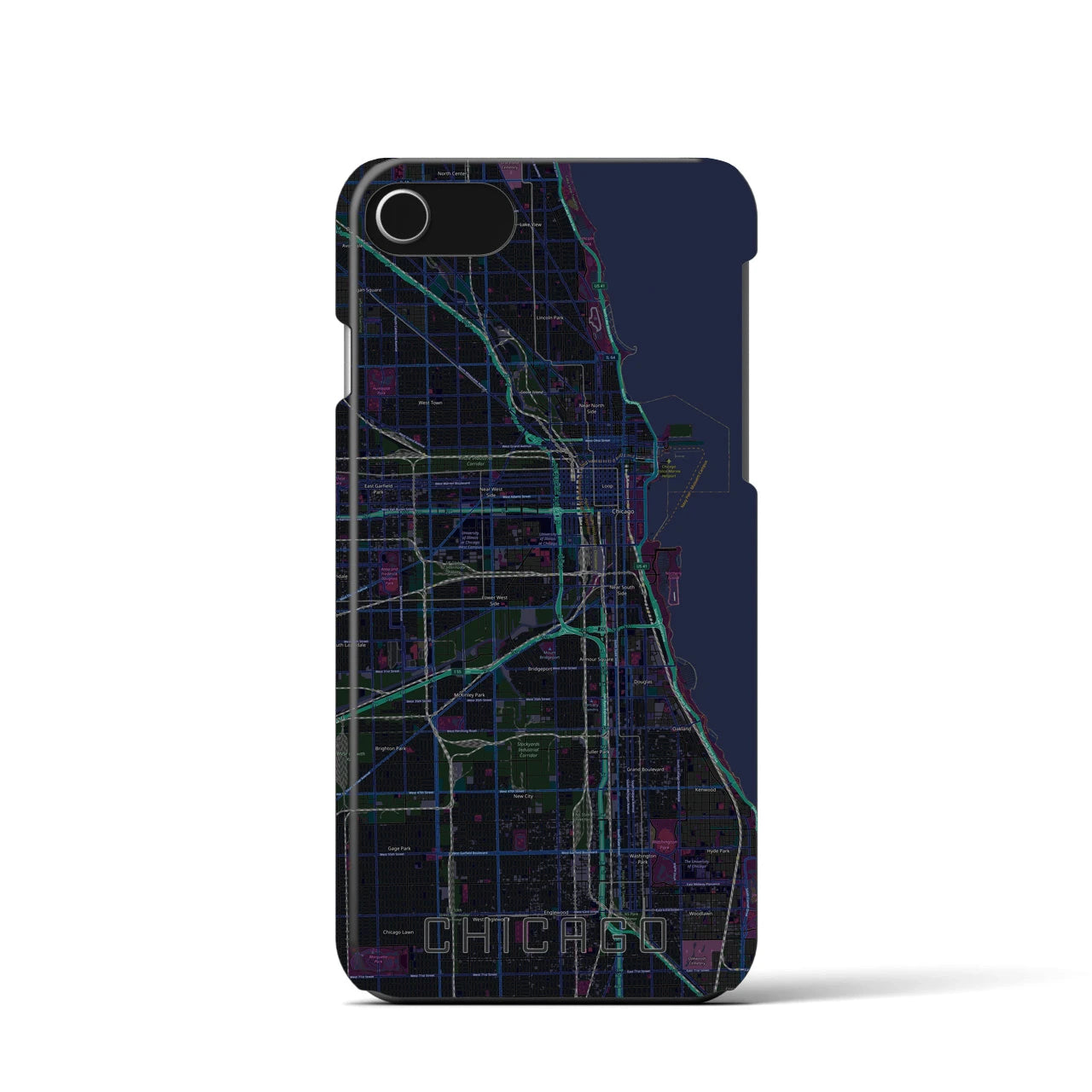 【シカゴ】地図柄iPhoneケース（バックカバータイプ・ブラック）iPhone SE（第3 / 第2世代） / 8 / 7 / 6s / 6 用