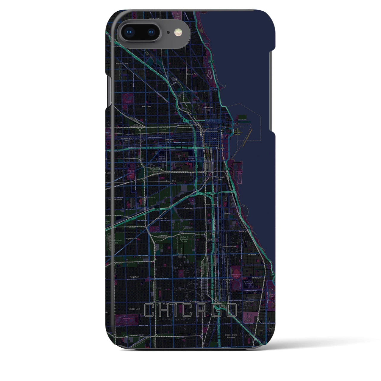 【シカゴ】地図柄iPhoneケース（バックカバータイプ・ブラック）iPhone 8Plus /7Plus / 6sPlus / 6Plus 用