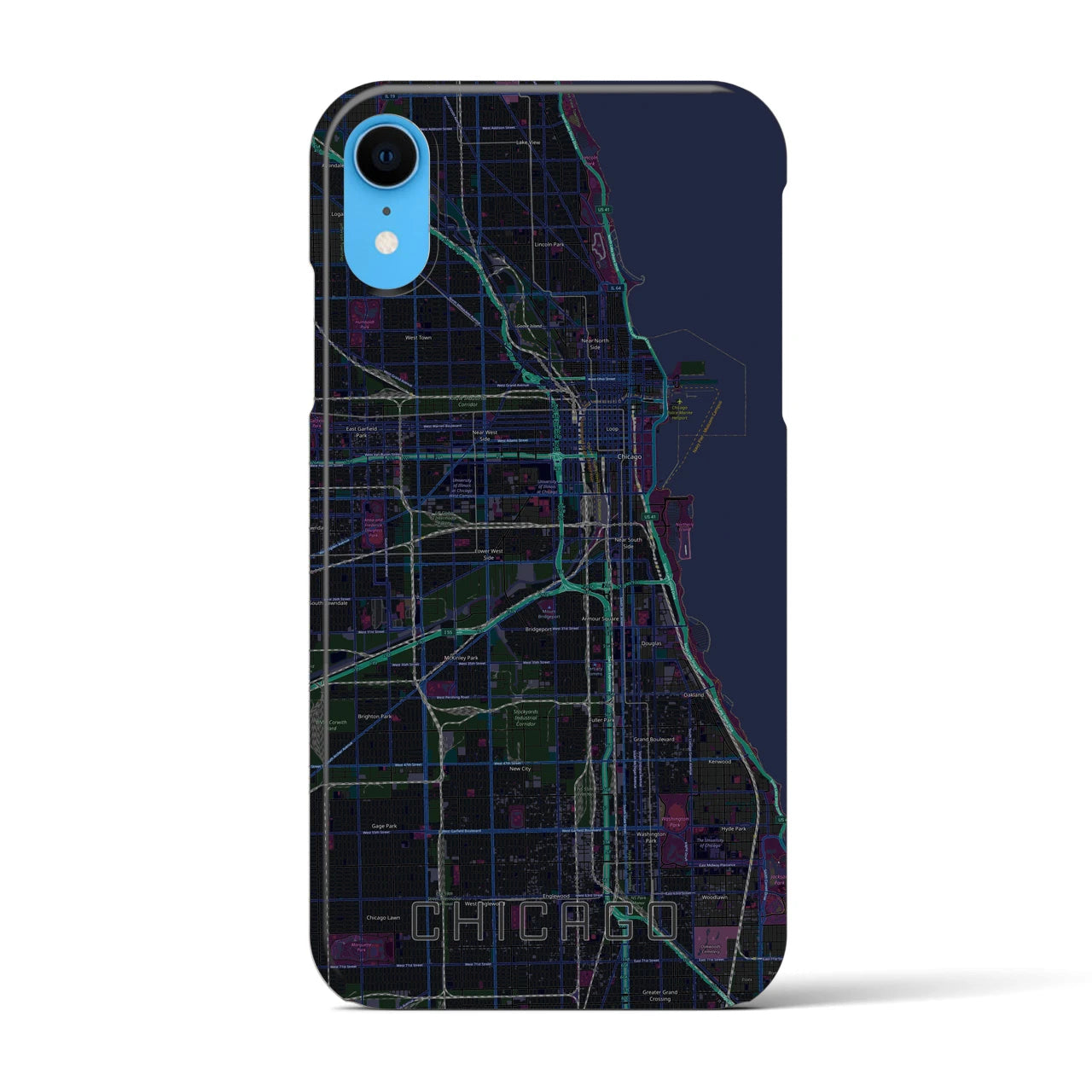 【シカゴ】地図柄iPhoneケース（バックカバータイプ・ブラック）iPhone XR 用