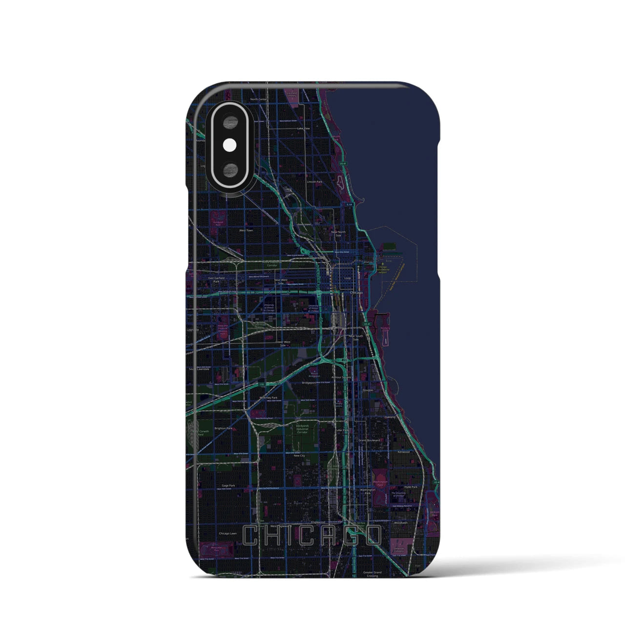 【シカゴ】地図柄iPhoneケース（バックカバータイプ・ブラック）iPhone XS / X 用