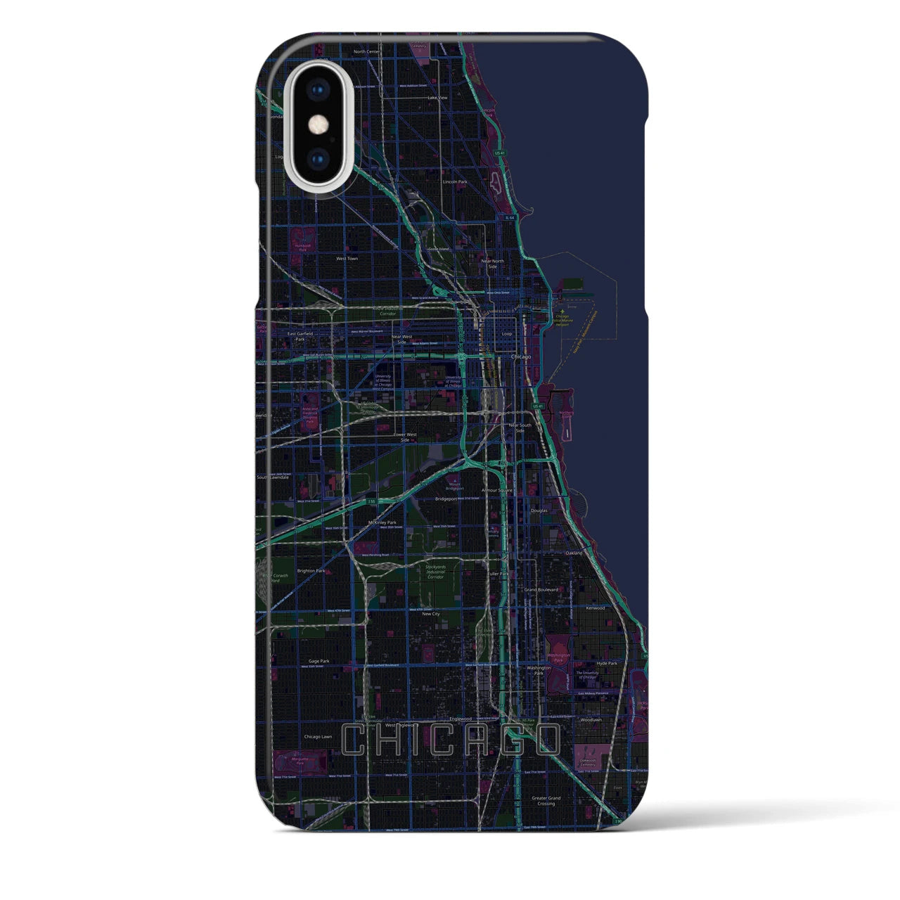 【シカゴ】地図柄iPhoneケース（バックカバータイプ・ブラック）iPhone XS Max 用
