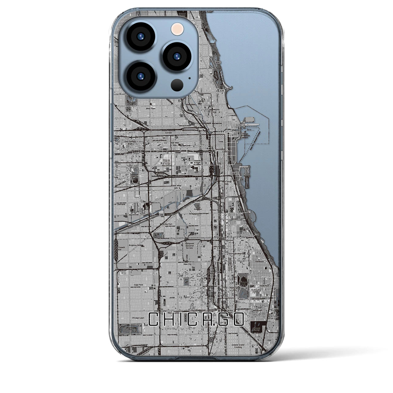 【シカゴ】地図柄iPhoneケース（クリアタイプ・モノトーン）iPhone 13 Pro Max 用