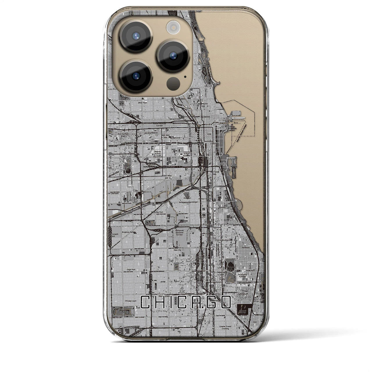 【シカゴ】地図柄iPhoneケース（クリアタイプ・モノトーン）iPhone 14 Pro Max 用