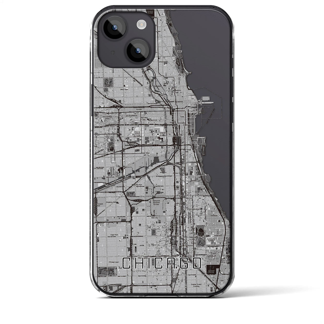 【シカゴ】地図柄iPhoneケース（クリアタイプ・モノトーン）iPhone 14 Plus 用
