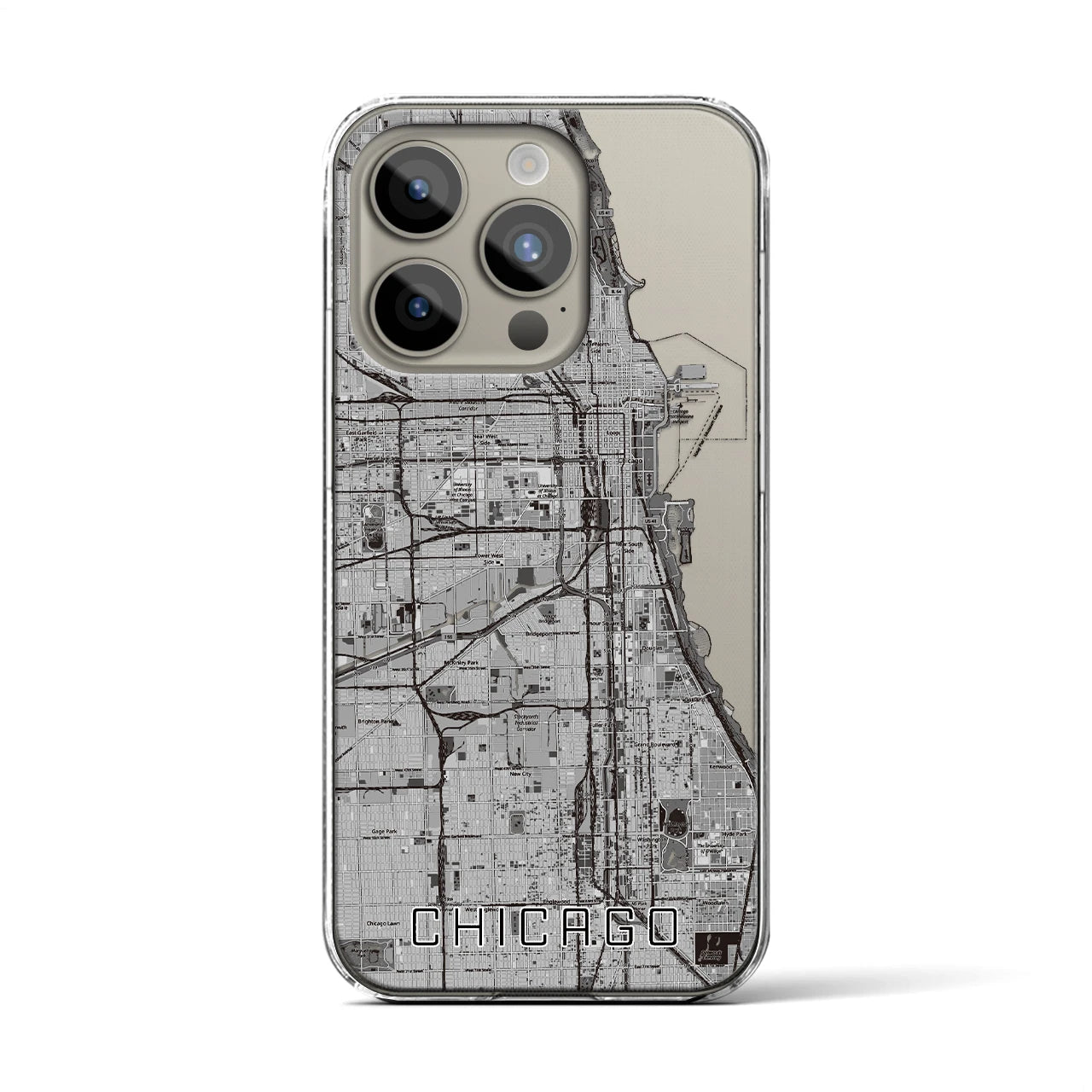 【シカゴ】地図柄iPhoneケース（クリアタイプ・モノトーン）iPhone 15 Pro 用