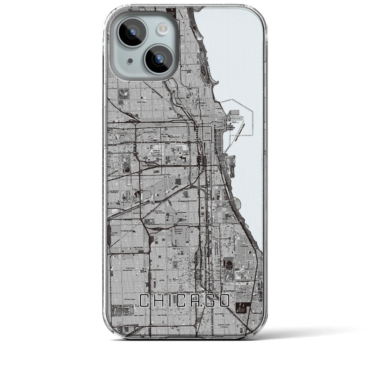 【シカゴ】地図柄iPhoneケース（クリアタイプ・モノトーン）iPhone 15 Plus 用