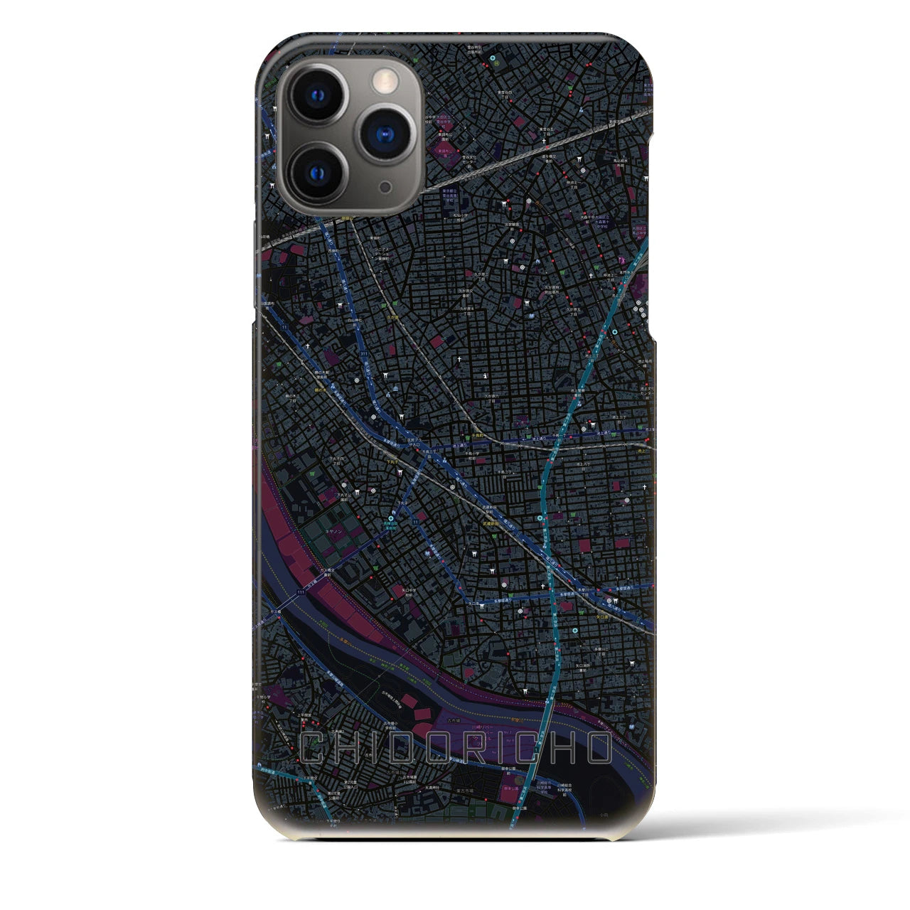【千鳥町】地図柄iPhoneケース（バックカバータイプ・ブラック）iPhone 11 Pro Max 用