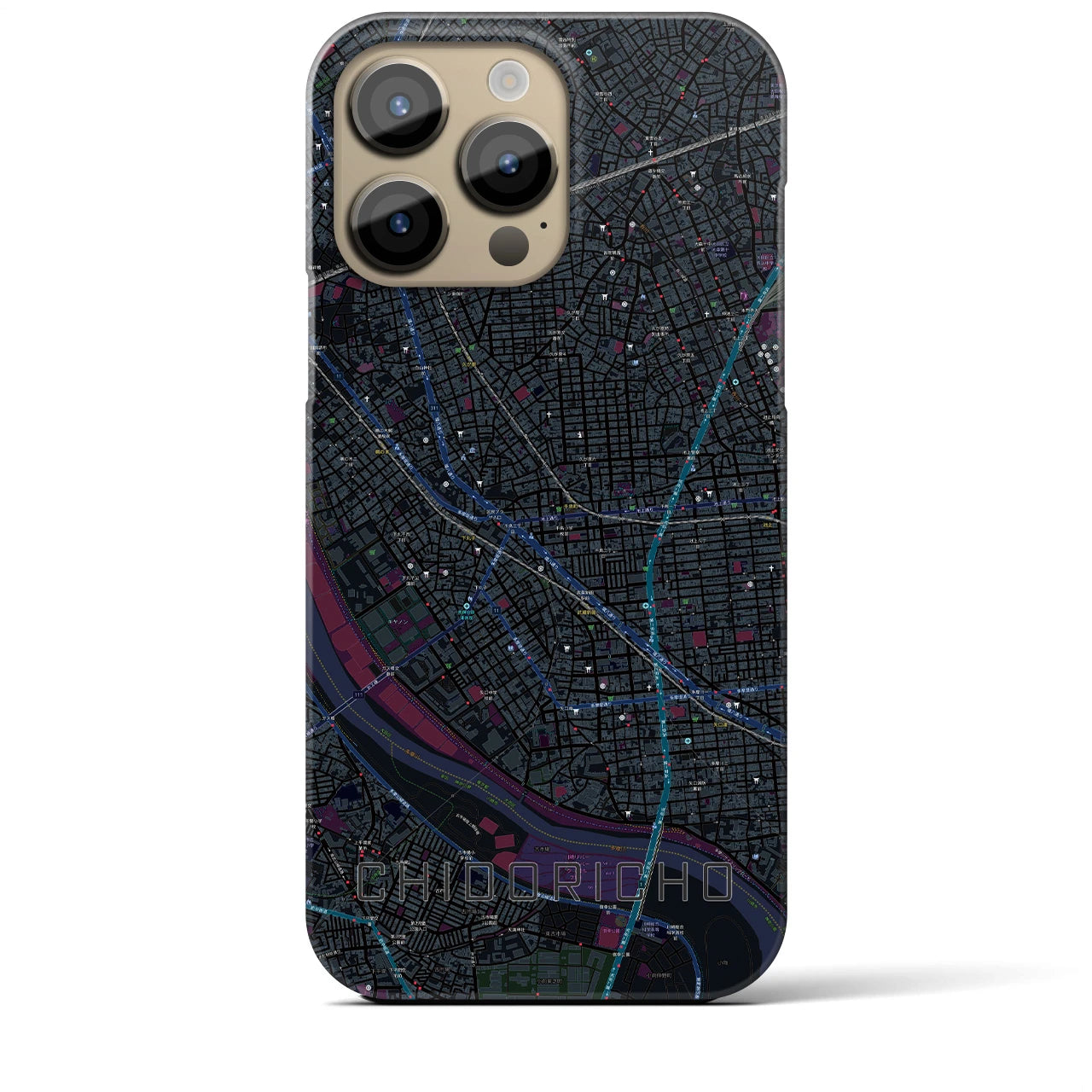 【千鳥町】地図柄iPhoneケース（バックカバータイプ・ブラック）iPhone 14 Pro Max 用