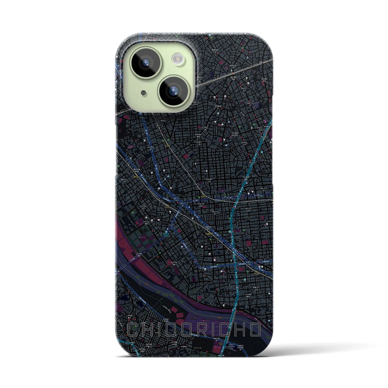 【千鳥町】地図柄iPhoneケース（バックカバータイプ・ブラック）iPhone 15 用