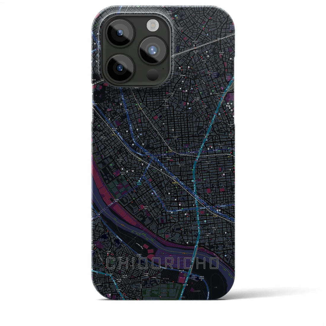 【千鳥町】地図柄iPhoneケース（バックカバータイプ・ブラック）iPhone 15 Pro Max 用