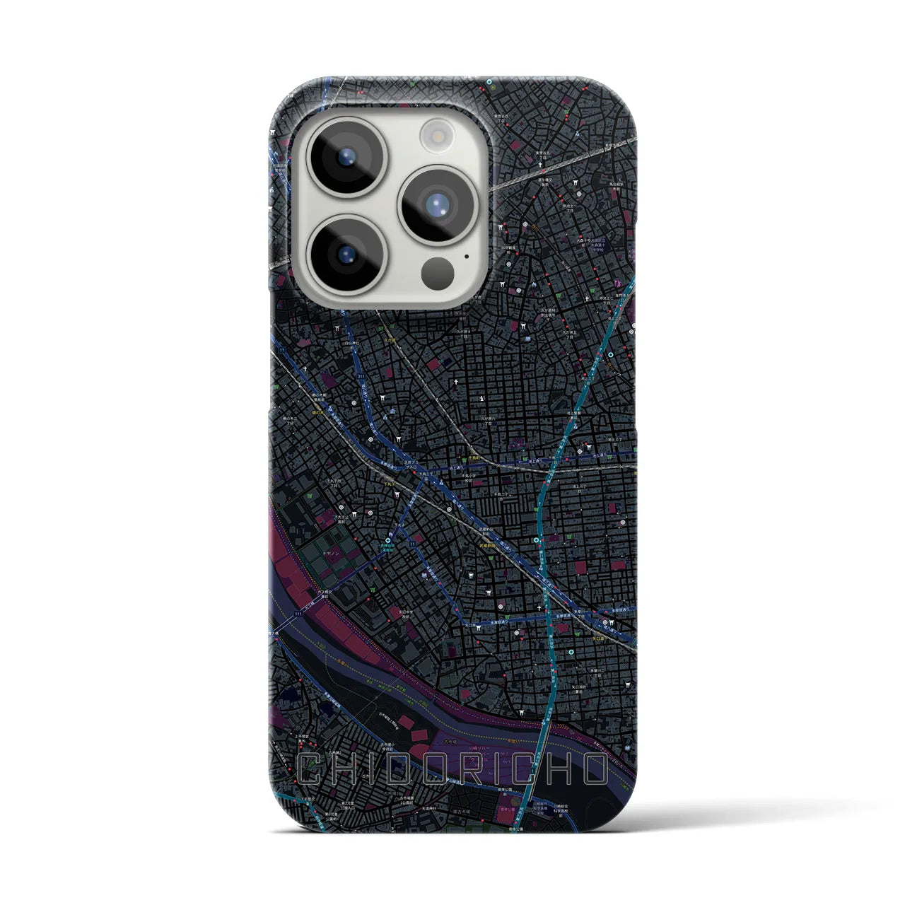 【千鳥町】地図柄iPhoneケース（バックカバータイプ・ブラック）iPhone 15 Pro 用