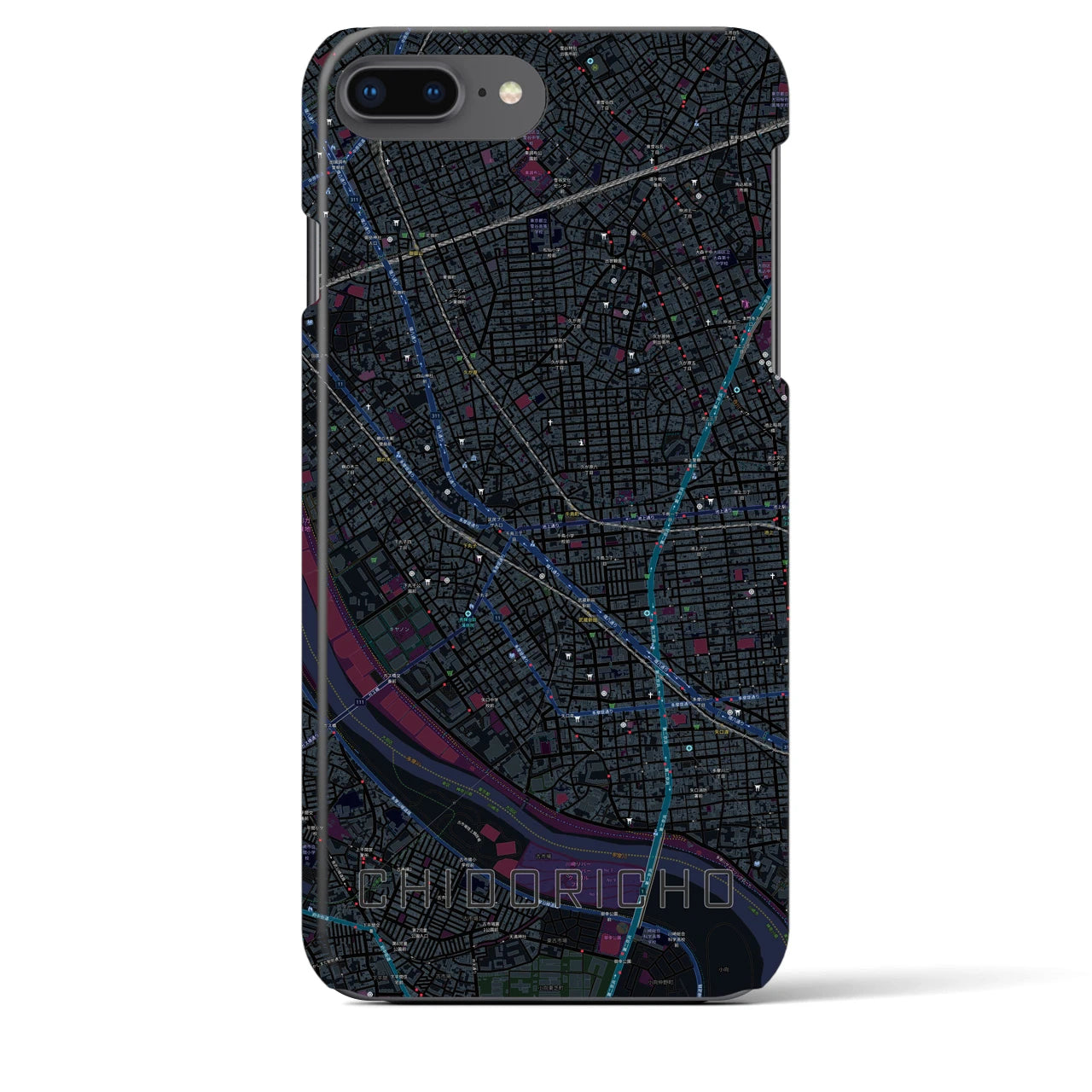 【千鳥町】地図柄iPhoneケース（バックカバータイプ・ブラック）iPhone 8Plus /7Plus / 6sPlus / 6Plus 用