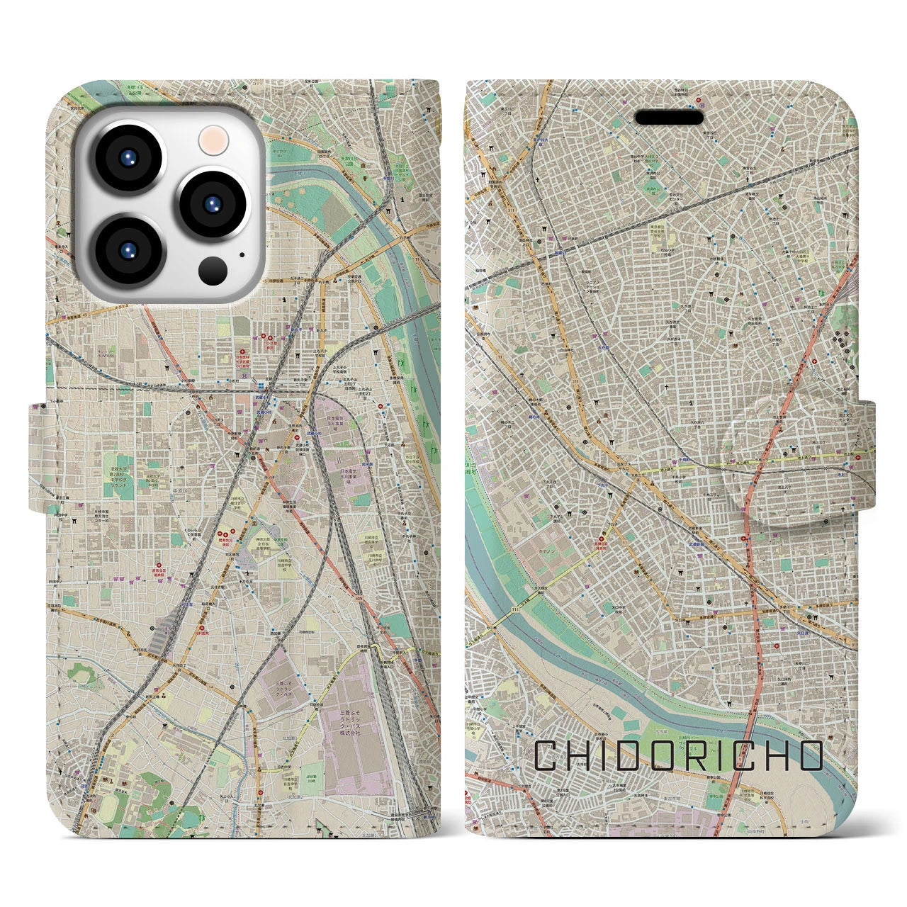 【千鳥町】地図柄iPhoneケース（手帳両面タイプ・ナチュラル）iPhone 13 Pro 用