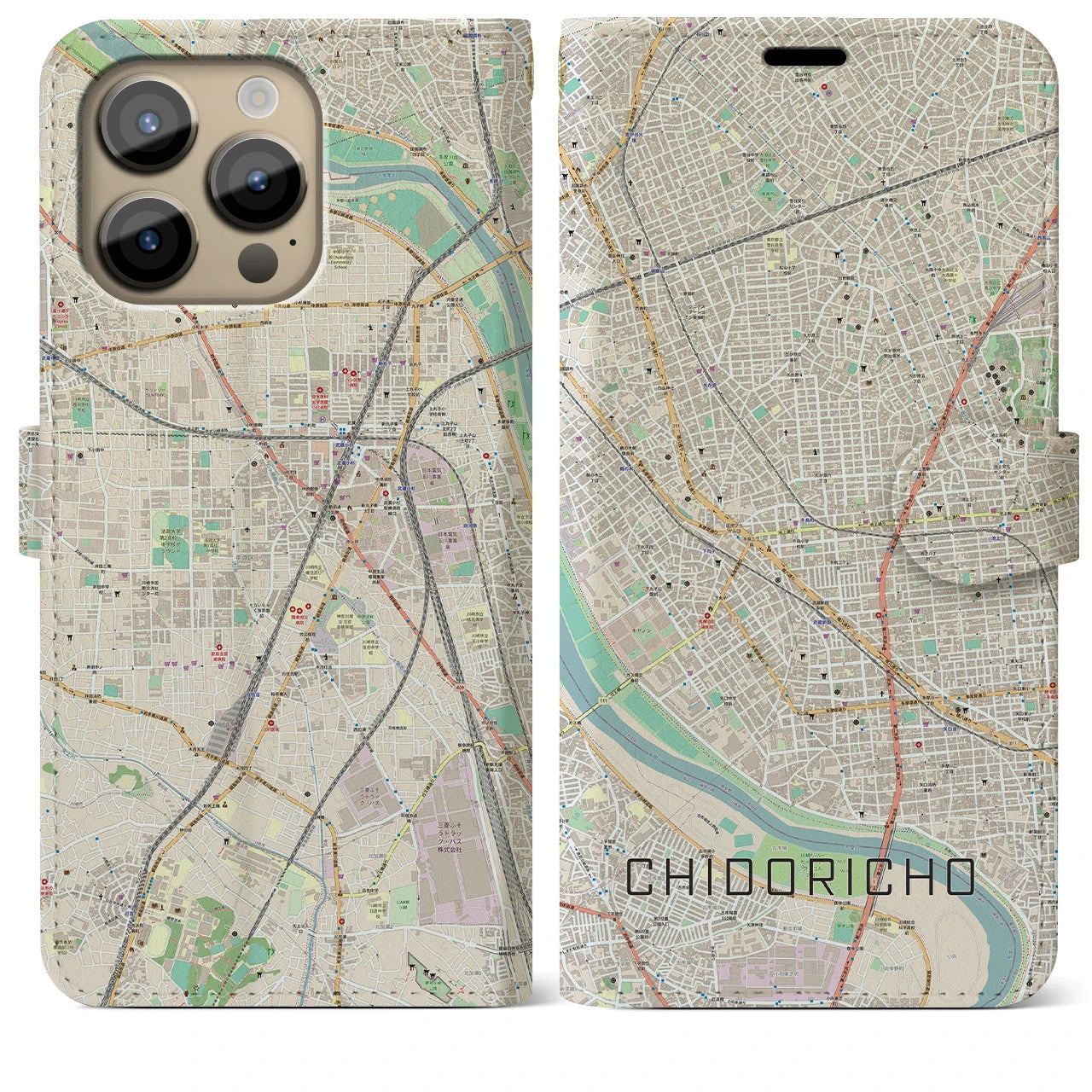 【千鳥町】地図柄iPhoneケース（手帳両面タイプ・ナチュラル）iPhone 14 Pro Max 用