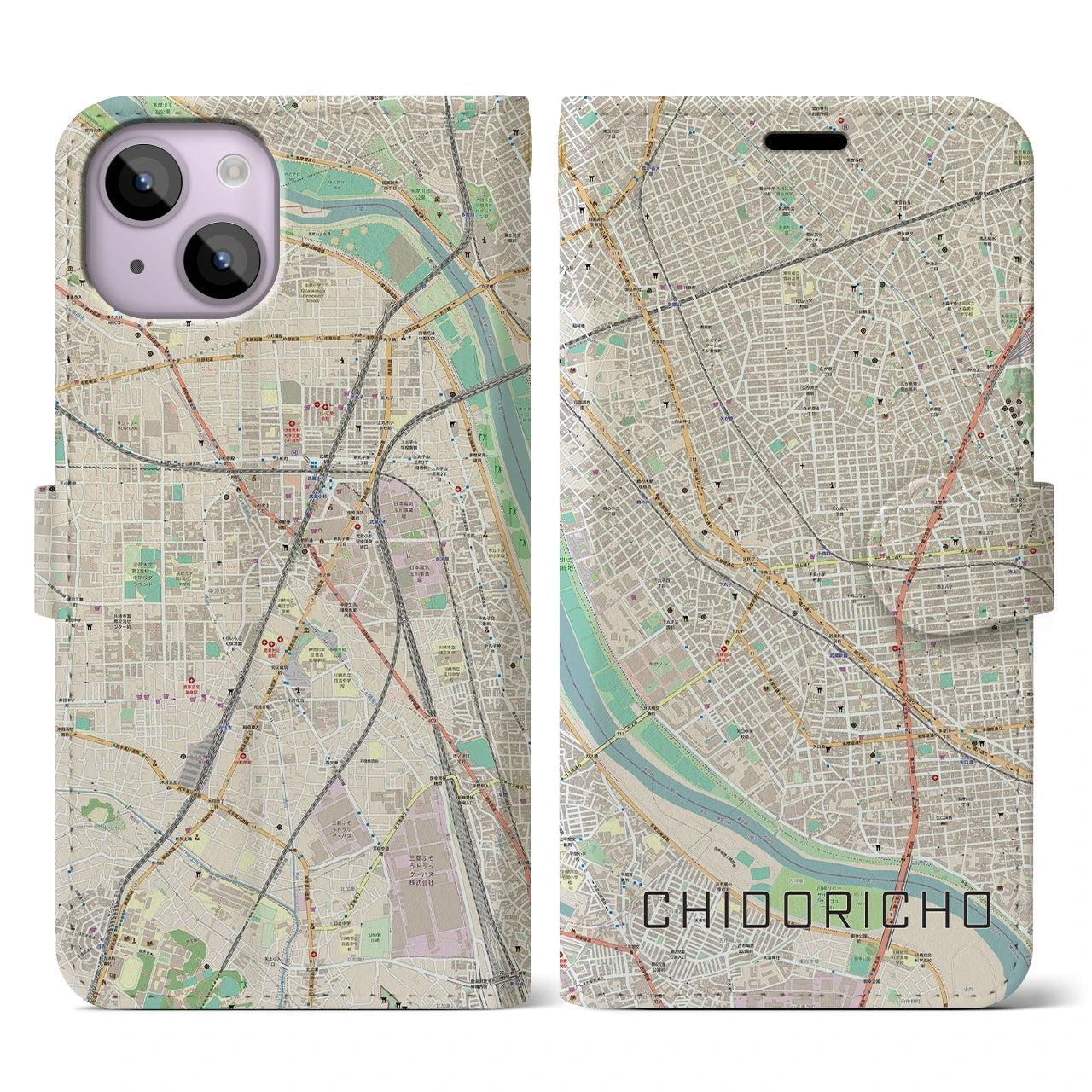 【千鳥町】地図柄iPhoneケース（手帳両面タイプ・ナチュラル）iPhone 14 用