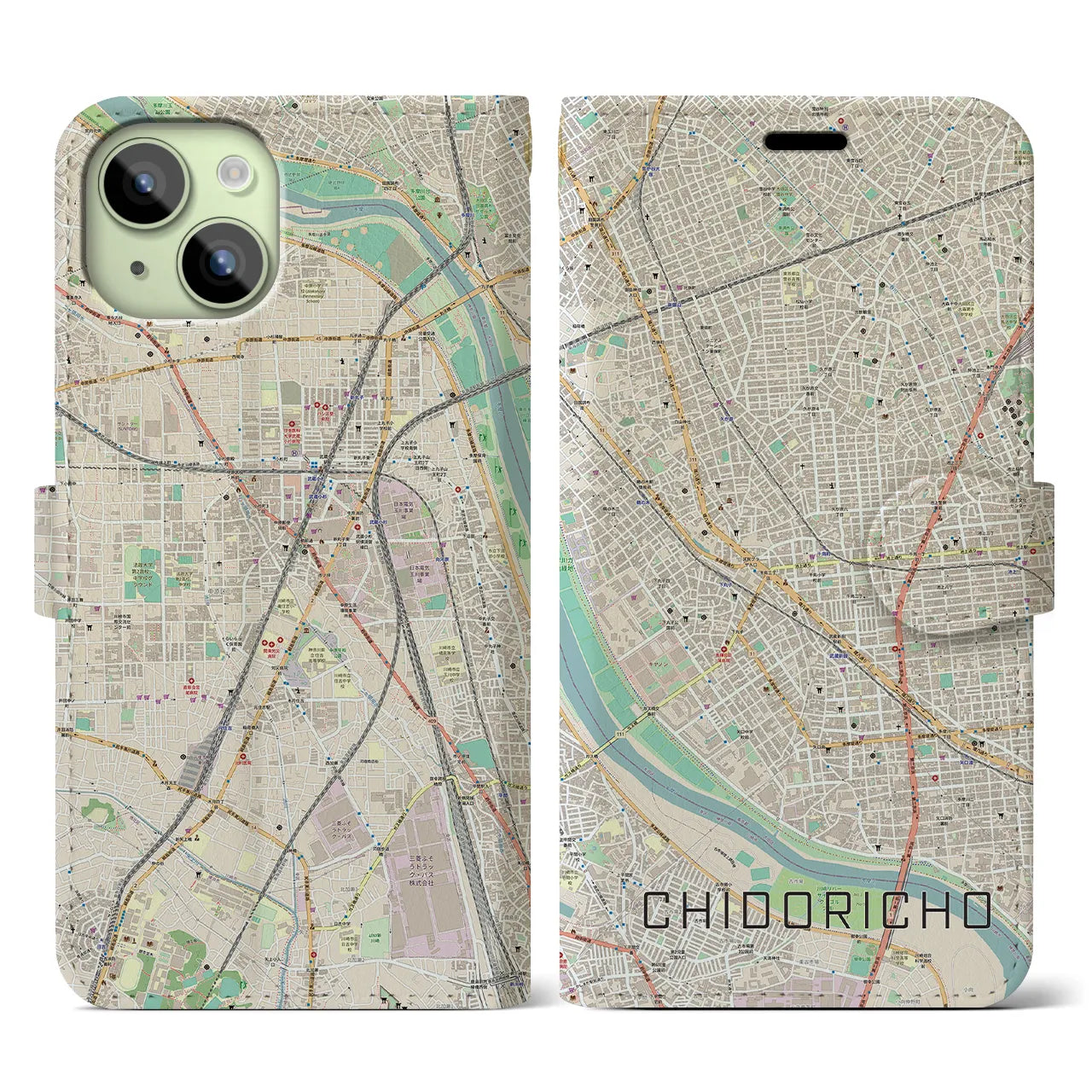 【千鳥町】地図柄iPhoneケース（手帳両面タイプ・ナチュラル）iPhone 15 用