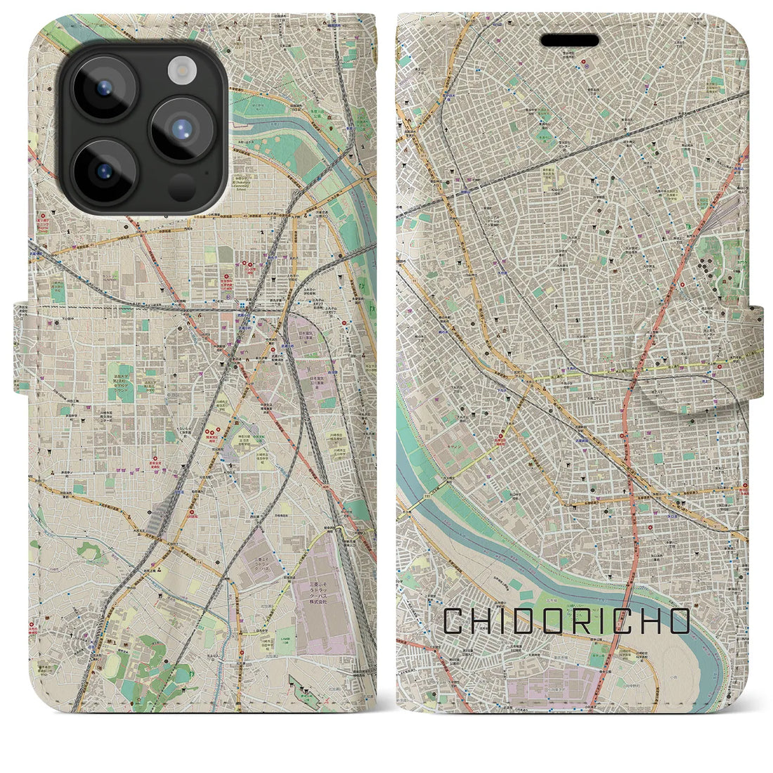 【千鳥町】地図柄iPhoneケース（手帳両面タイプ・ナチュラル）iPhone 15 Pro Max 用