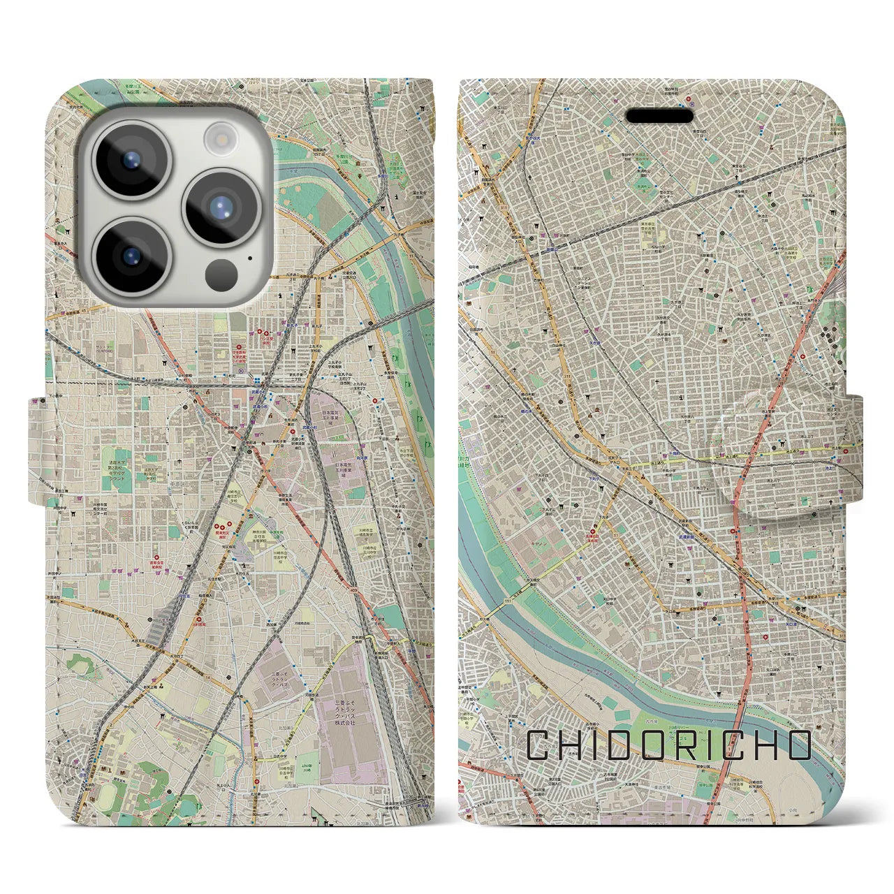 【千鳥町】地図柄iPhoneケース（手帳両面タイプ・ナチュラル）iPhone 15 Pro 用