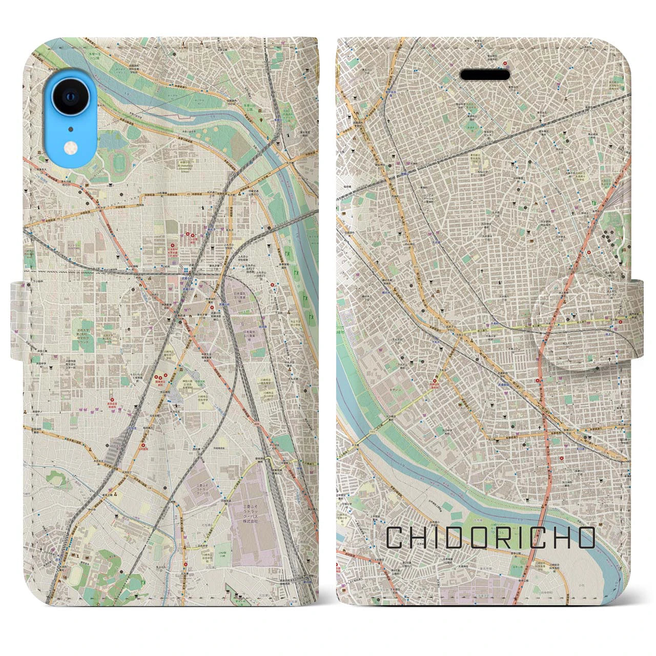 【千鳥町】地図柄iPhoneケース（手帳両面タイプ・ナチュラル）iPhone XR 用
