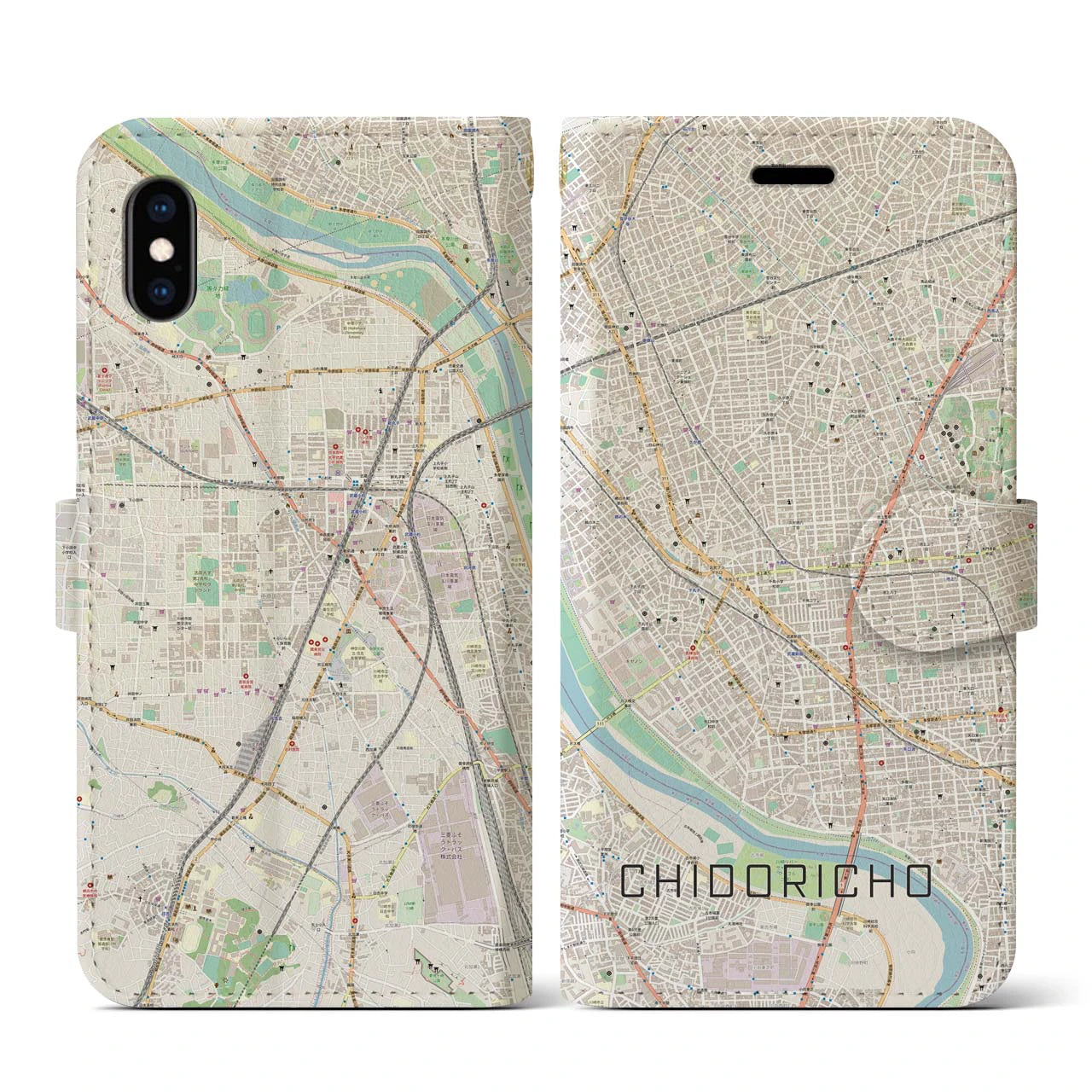 【千鳥町】地図柄iPhoneケース（手帳両面タイプ・ナチュラル）iPhone XS / X 用