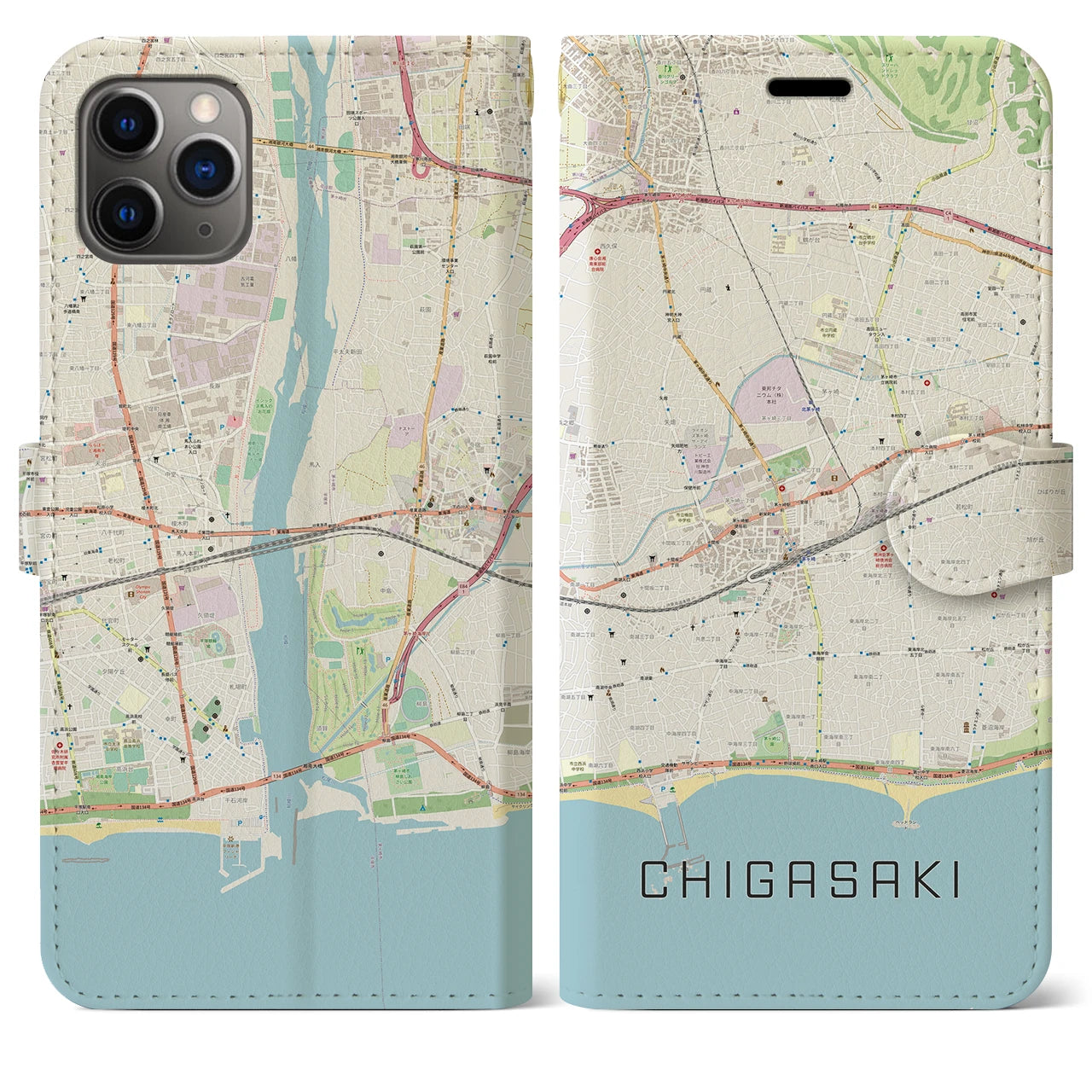 【茅ヶ崎2】地図柄iPhoneケース（手帳両面タイプ・ナチュラル）iPhone 11 Pro Max 用
