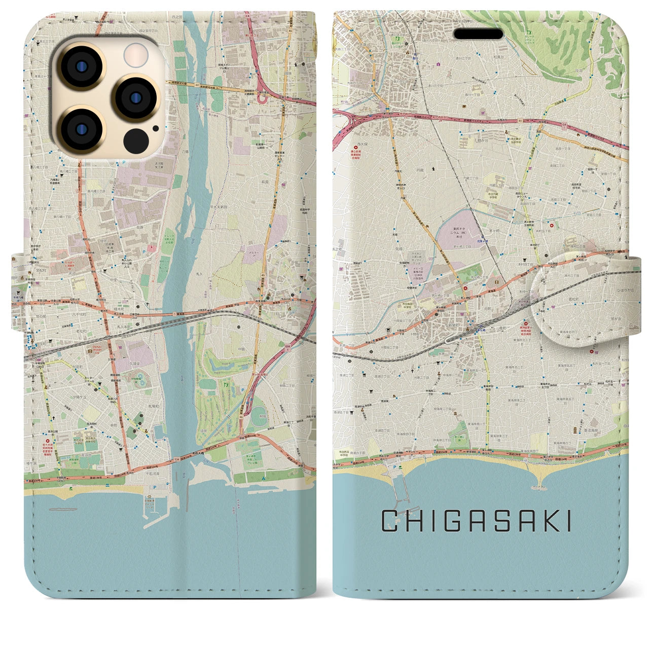 【茅ヶ崎2】地図柄iPhoneケース（手帳両面タイプ・ナチュラル）iPhone 12 Pro Max 用