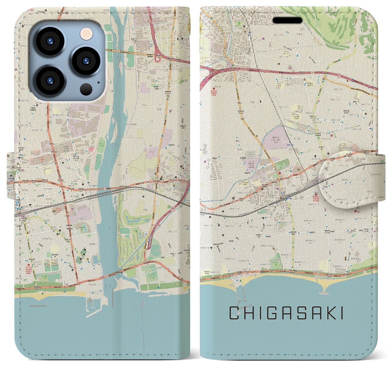 【茅ヶ崎2】地図柄iPhoneケース（手帳両面タイプ・ナチュラル）iPhone 13 Pro Max 用