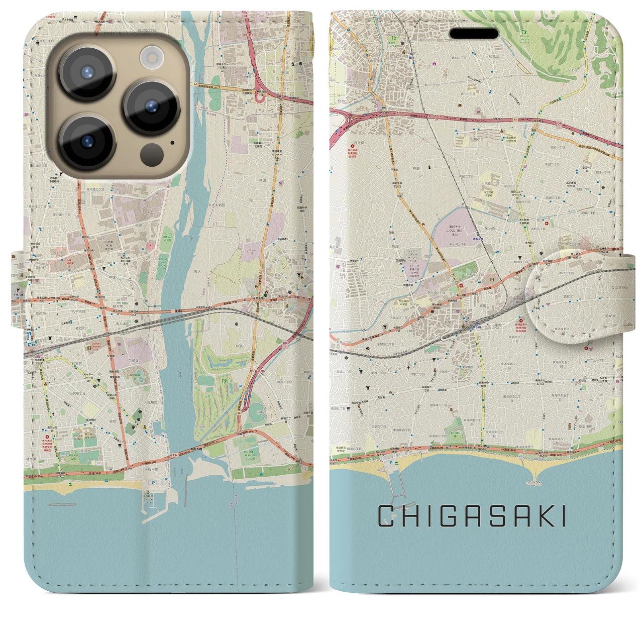 【茅ヶ崎2】地図柄iPhoneケース（手帳両面タイプ・ナチュラル）iPhone 14 Pro Max 用