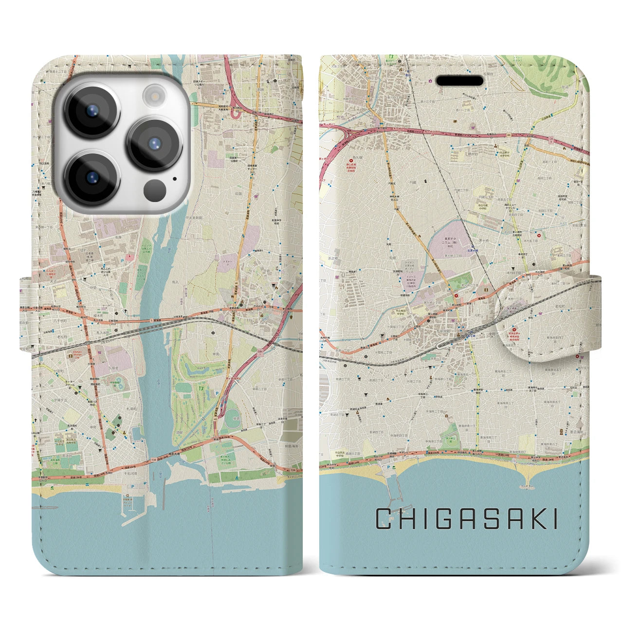 【茅ヶ崎2】地図柄iPhoneケース（手帳両面タイプ・ナチュラル）iPhone 14 Pro 用