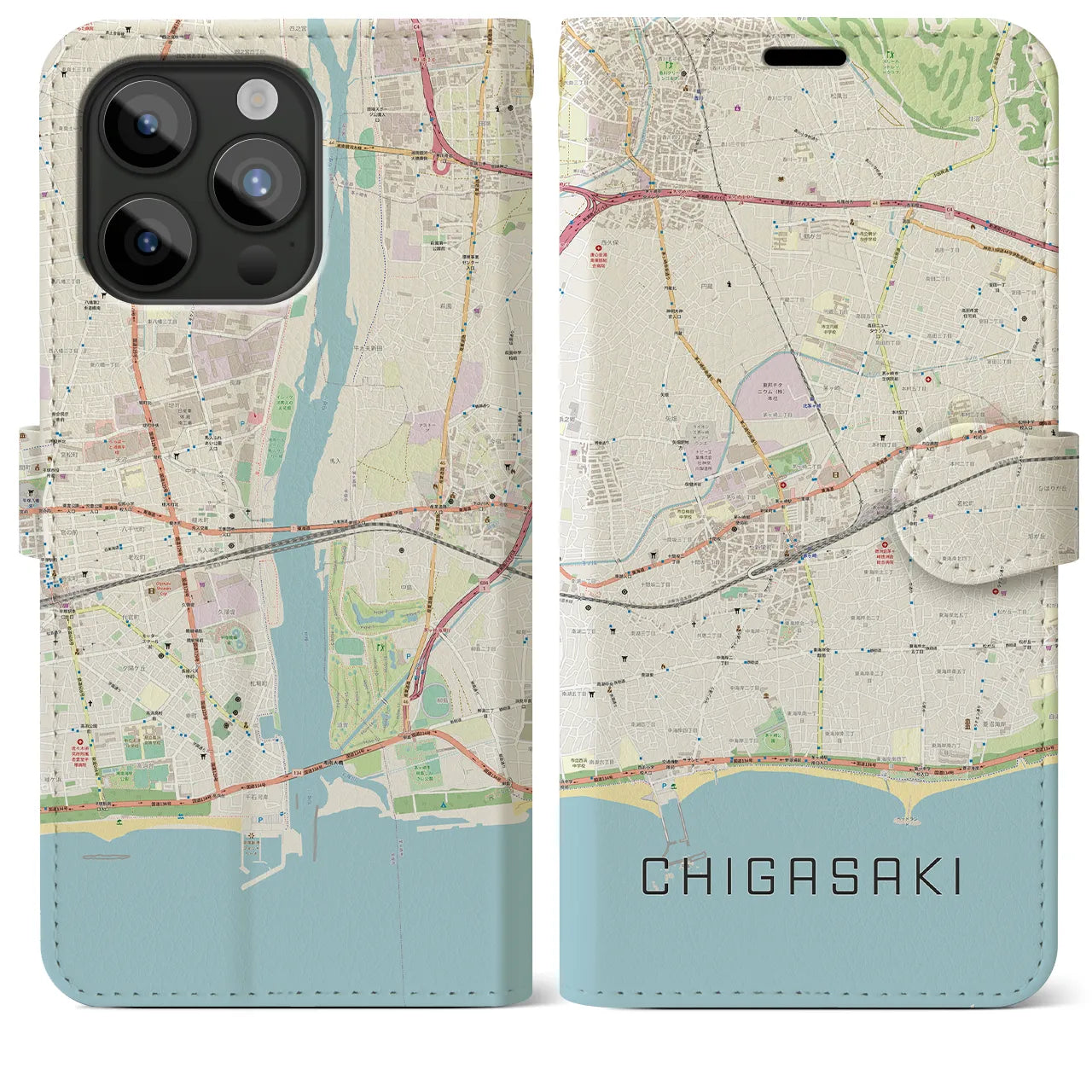 【茅ヶ崎2】地図柄iPhoneケース（手帳両面タイプ・ナチュラル）iPhone 15 Pro Max 用