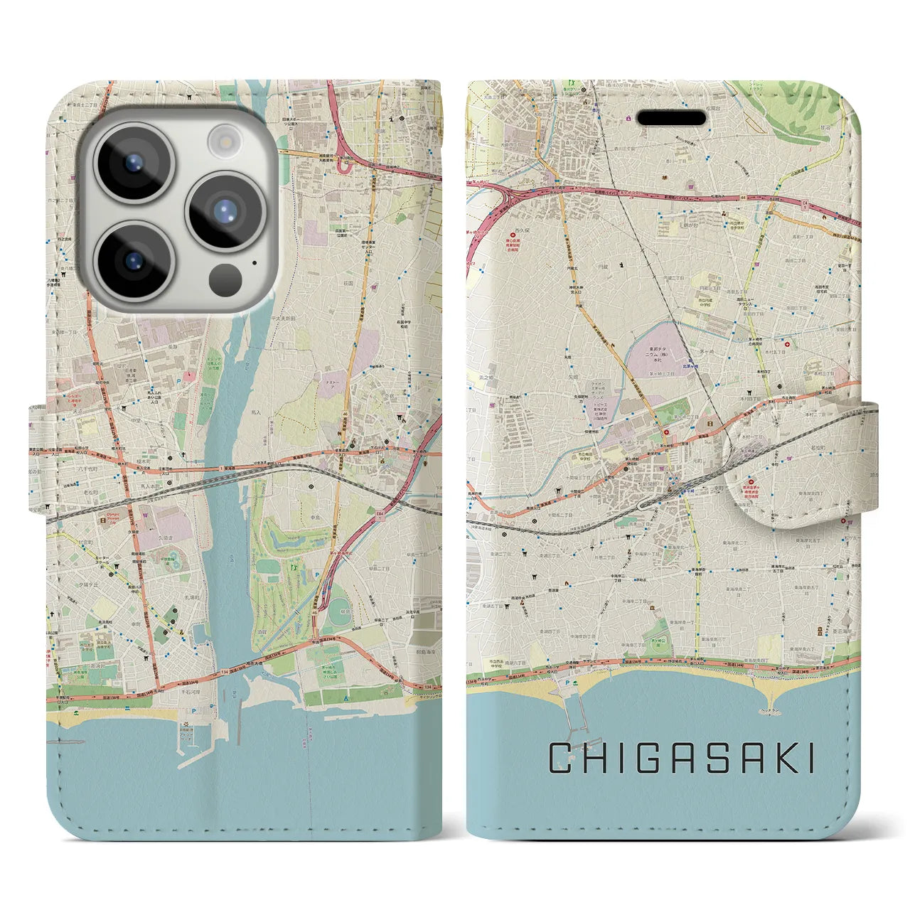 【茅ヶ崎2】地図柄iPhoneケース（手帳両面タイプ・ナチュラル）iPhone 15 Pro 用
