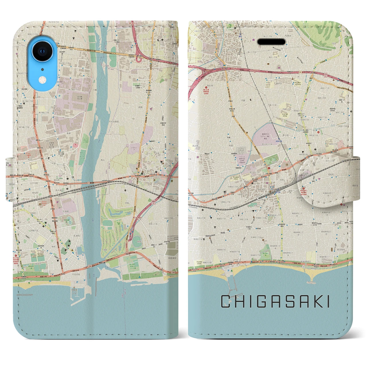 【茅ヶ崎2】地図柄iPhoneケース（手帳両面タイプ・ナチュラル）iPhone XR 用