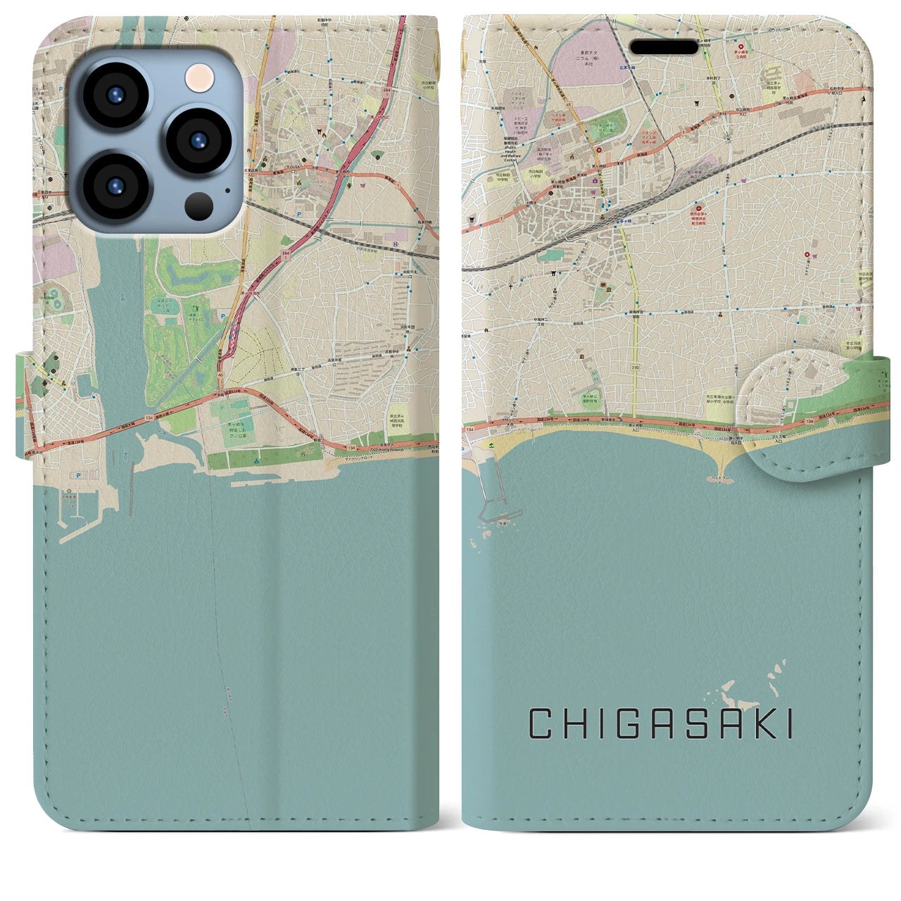【茅ヶ崎】地図柄iPhoneケース（手帳両面タイプ・ナチュラル）iPhone 13 Pro Max 用