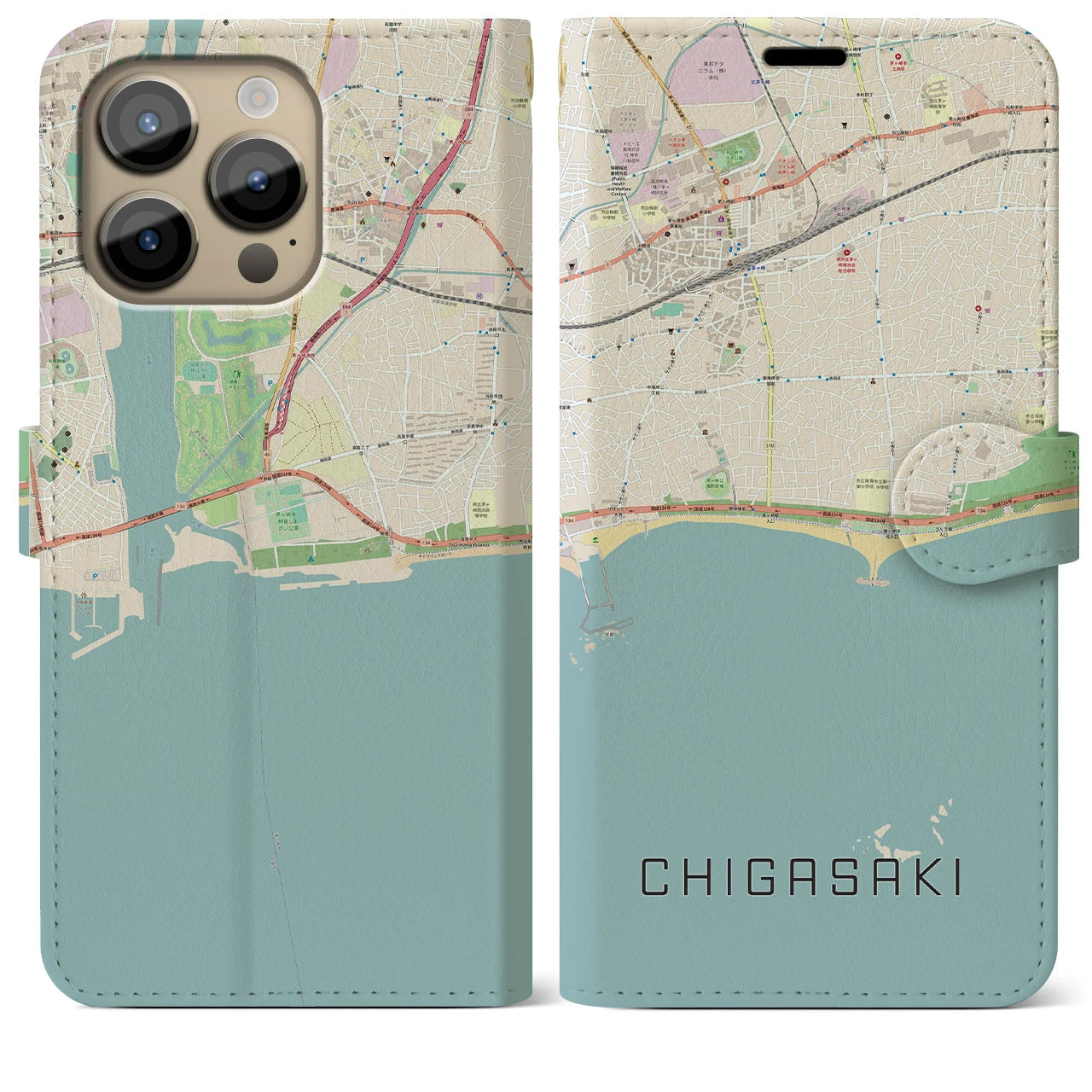 【茅ヶ崎】地図柄iPhoneケース（手帳両面タイプ・ナチュラル）iPhone 14 Pro Max 用