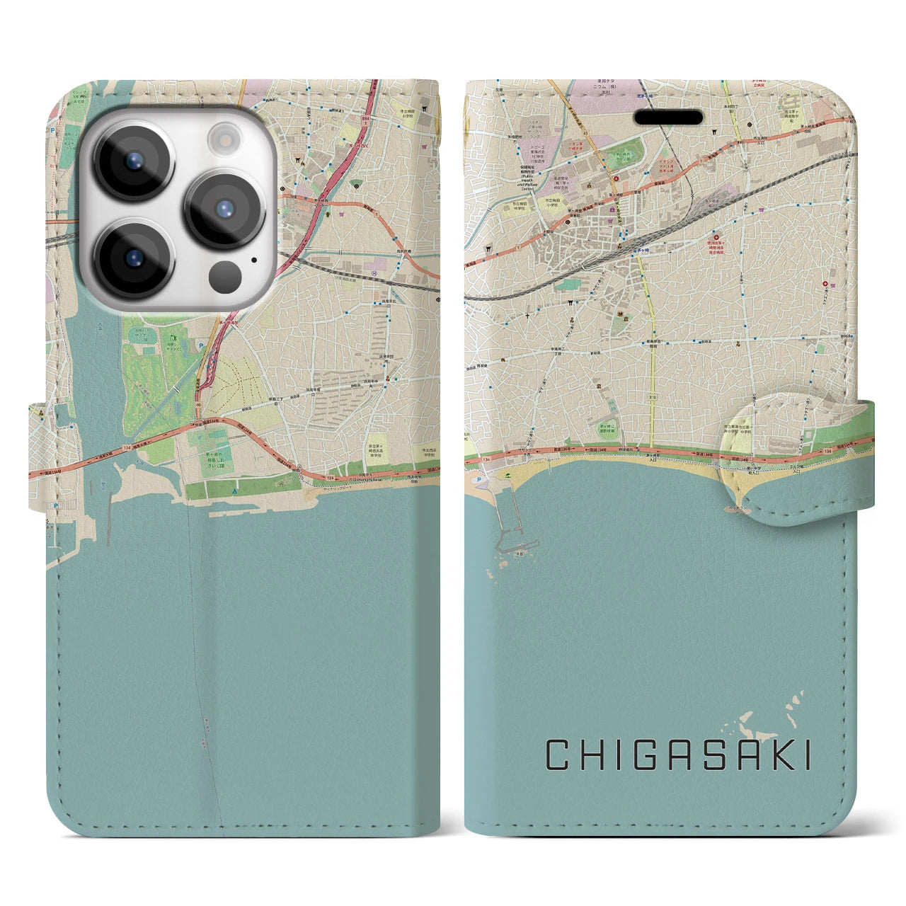 【茅ヶ崎】地図柄iPhoneケース（手帳両面タイプ・ナチュラル）iPhone 14 Pro 用