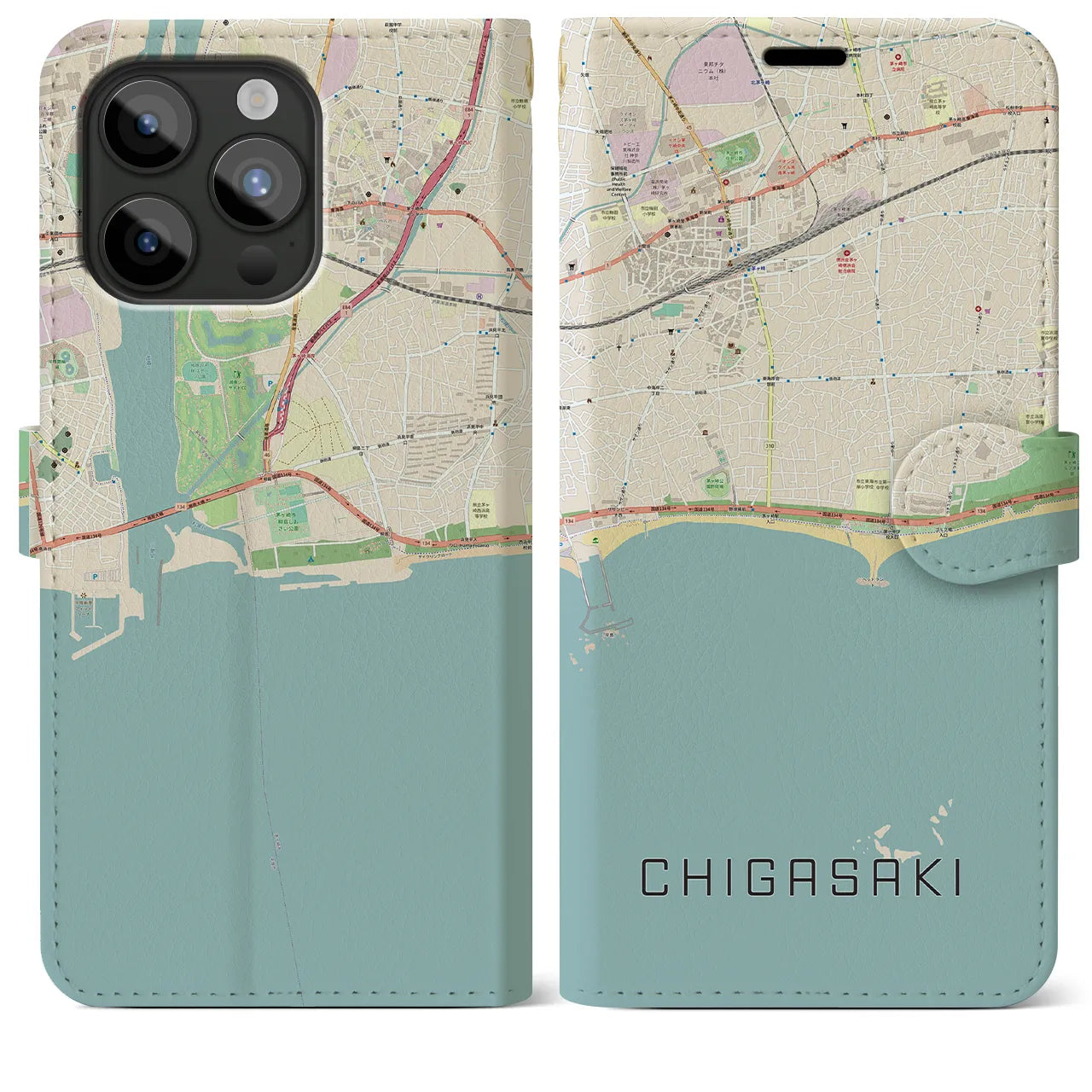 【茅ヶ崎】地図柄iPhoneケース（手帳両面タイプ・ナチュラル）iPhone 15 Pro Max 用