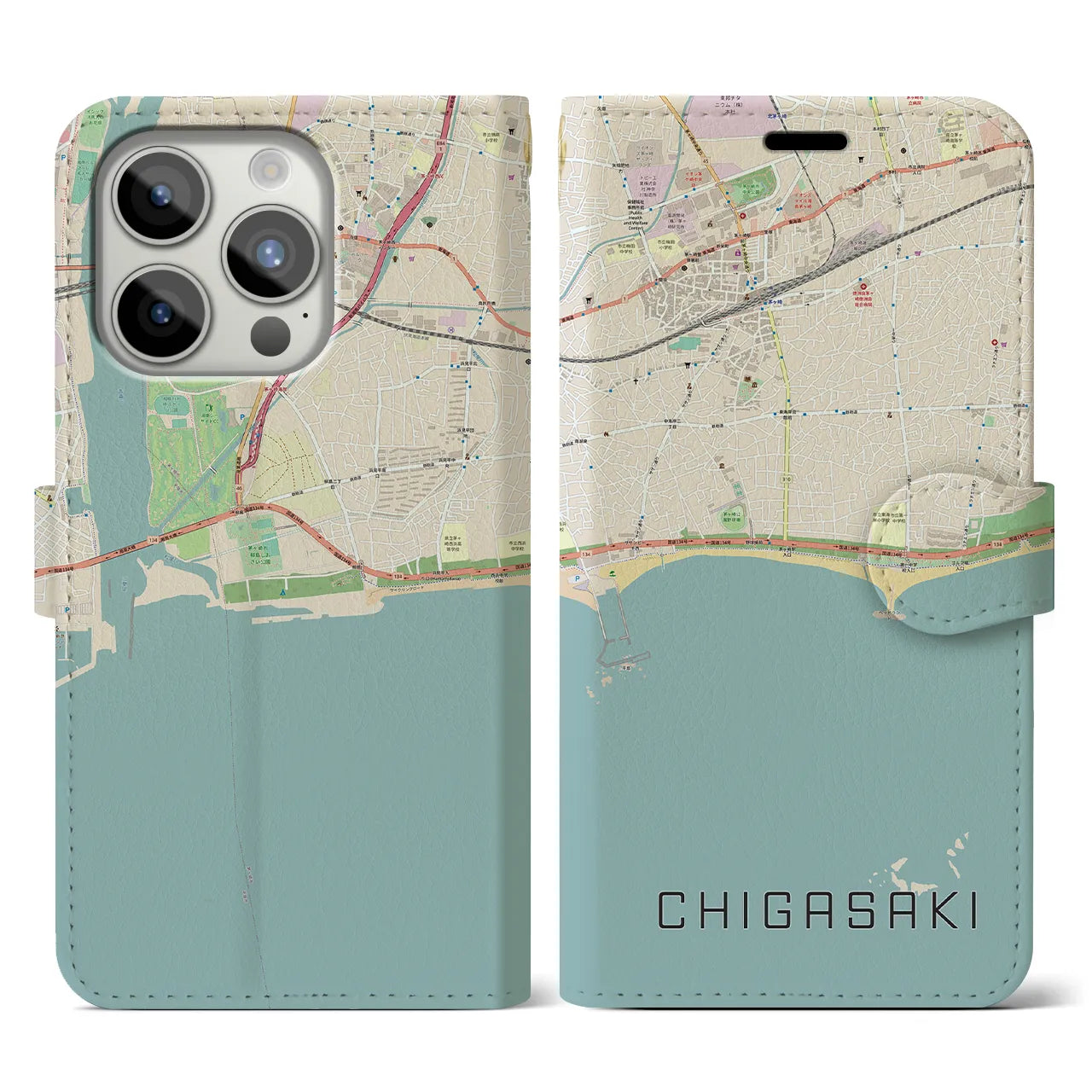 【茅ヶ崎】地図柄iPhoneケース（手帳両面タイプ・ナチュラル）iPhone 15 Pro 用